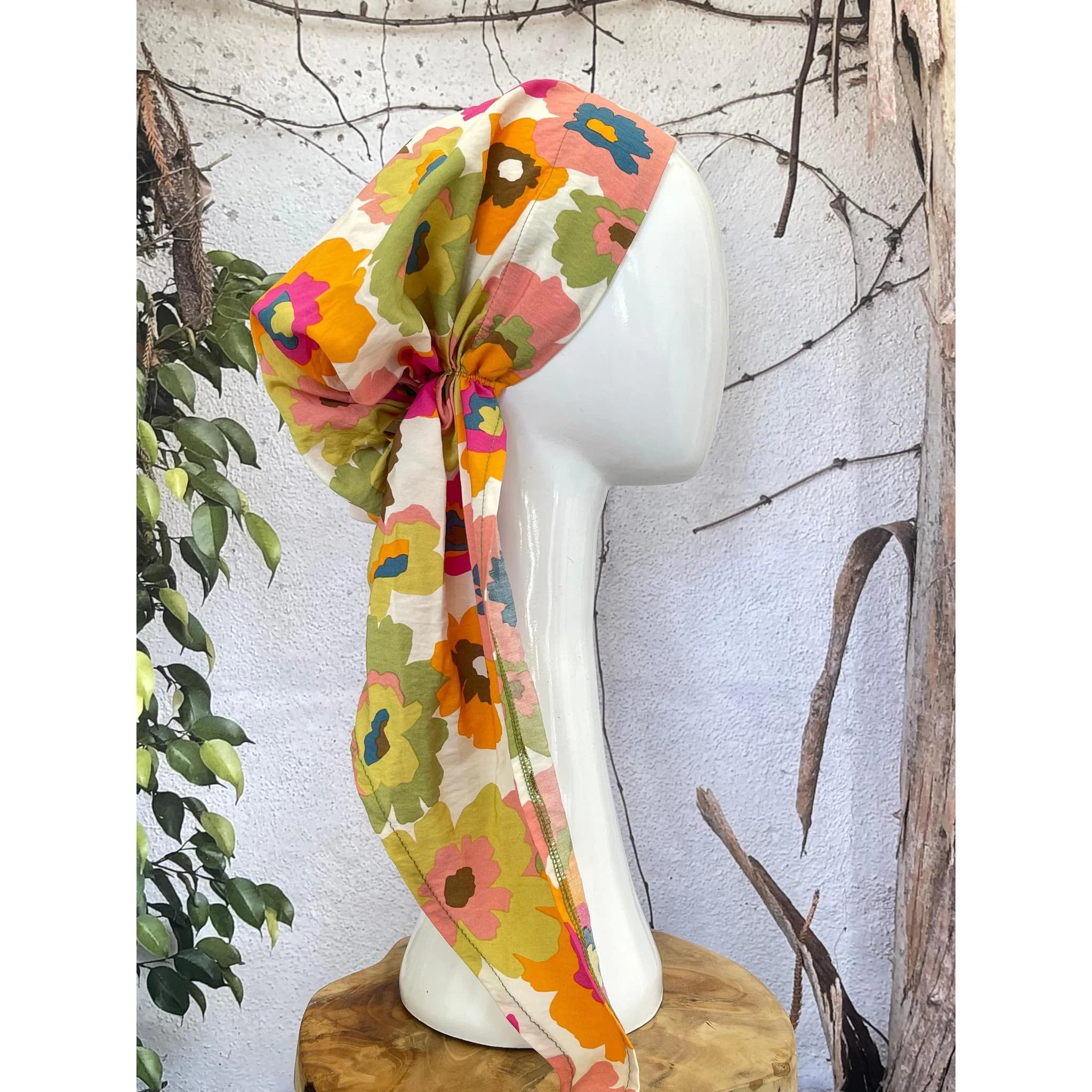 Lightweight Pre Tied Head Scarf, Mod Floral Print, Velvet Band Attached, Adjustable Band, Non Slip, Slip On Chemo Headwear, Tichel Lady