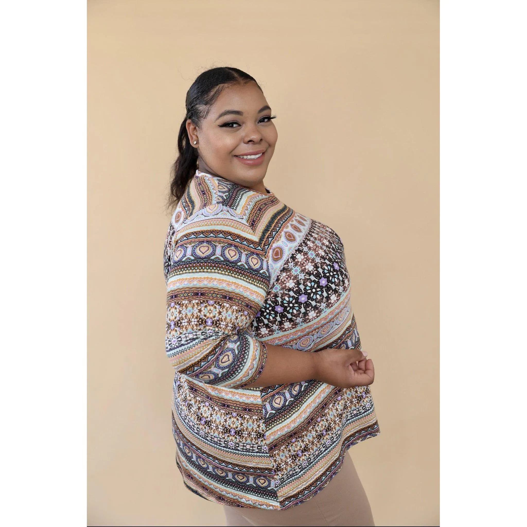 Women's Crew Neck Modest Top, Abstract Aztec Print, XS-3XL, 3/4 Long Sleeve Shirt, Plus Size, Tznius High-Low Tunic, Casual Tops, Jade LA