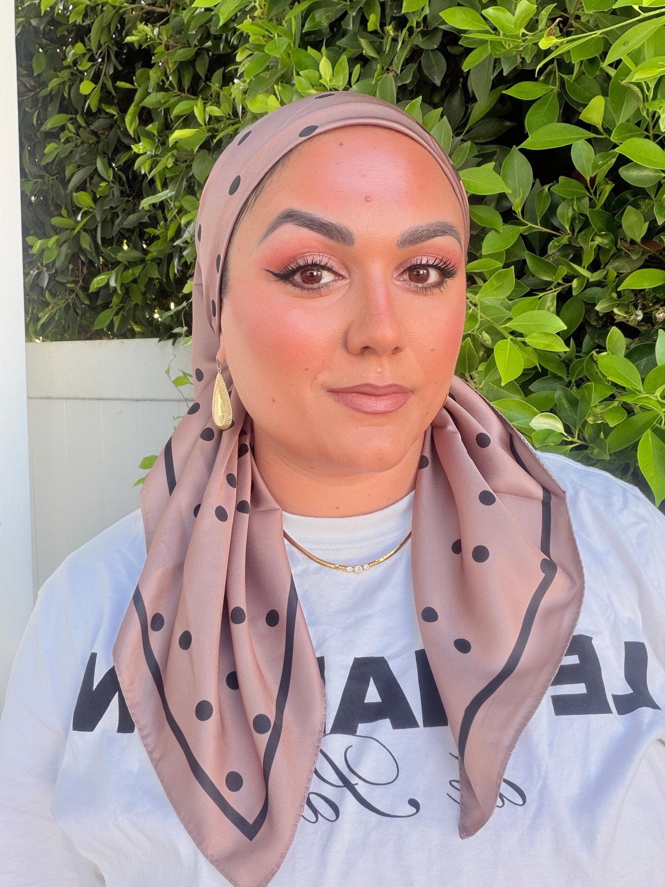 Taupe Polka Dot Satin Square Tichel, Women's Headscarf, Modest Hair Covering, Lightweight Satin Scarf for Everyday Wear