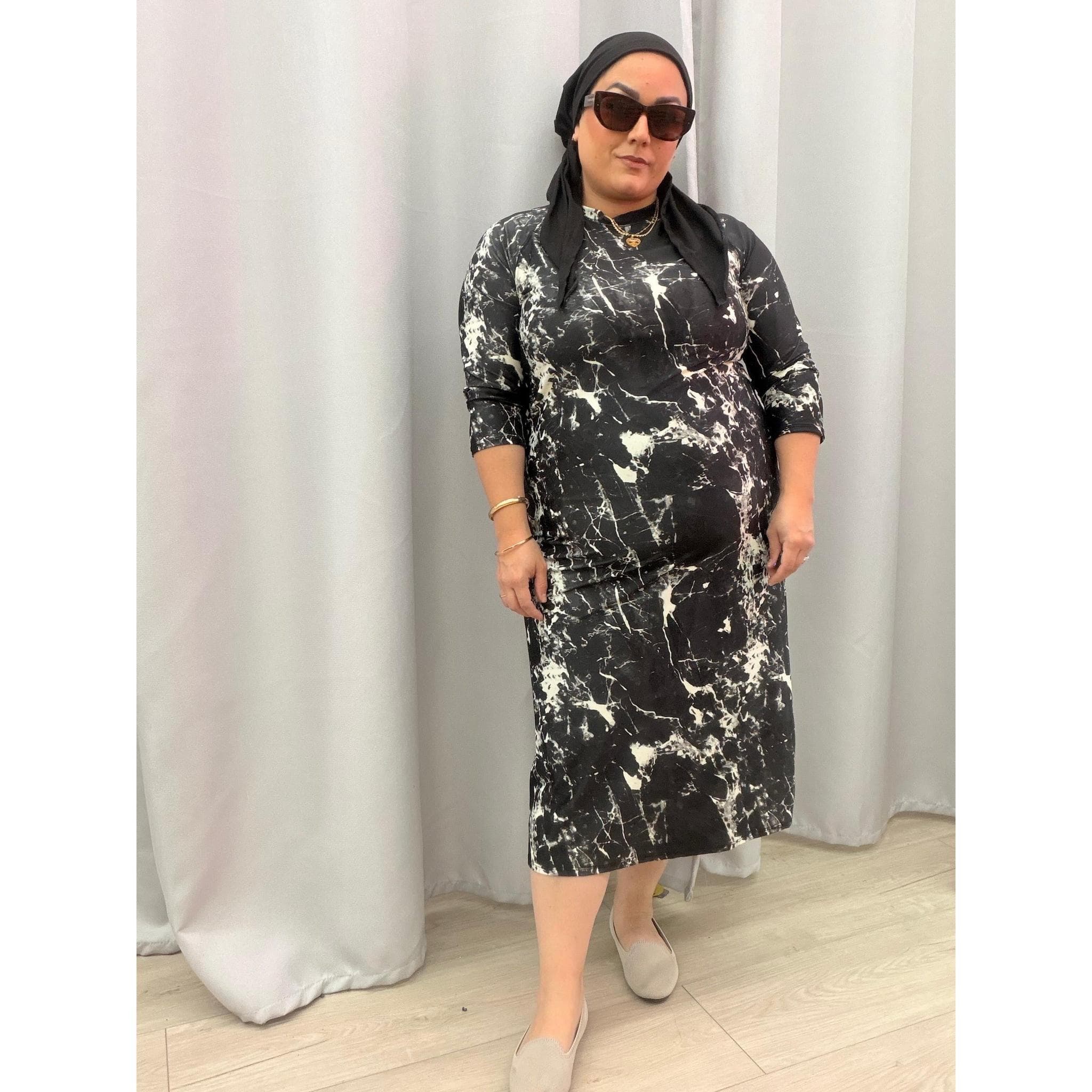 Ladies Modest Swim Dress, Black Marble, SM-XL, Great for Pools, Beach, Water Activities, Tznius Clothing
