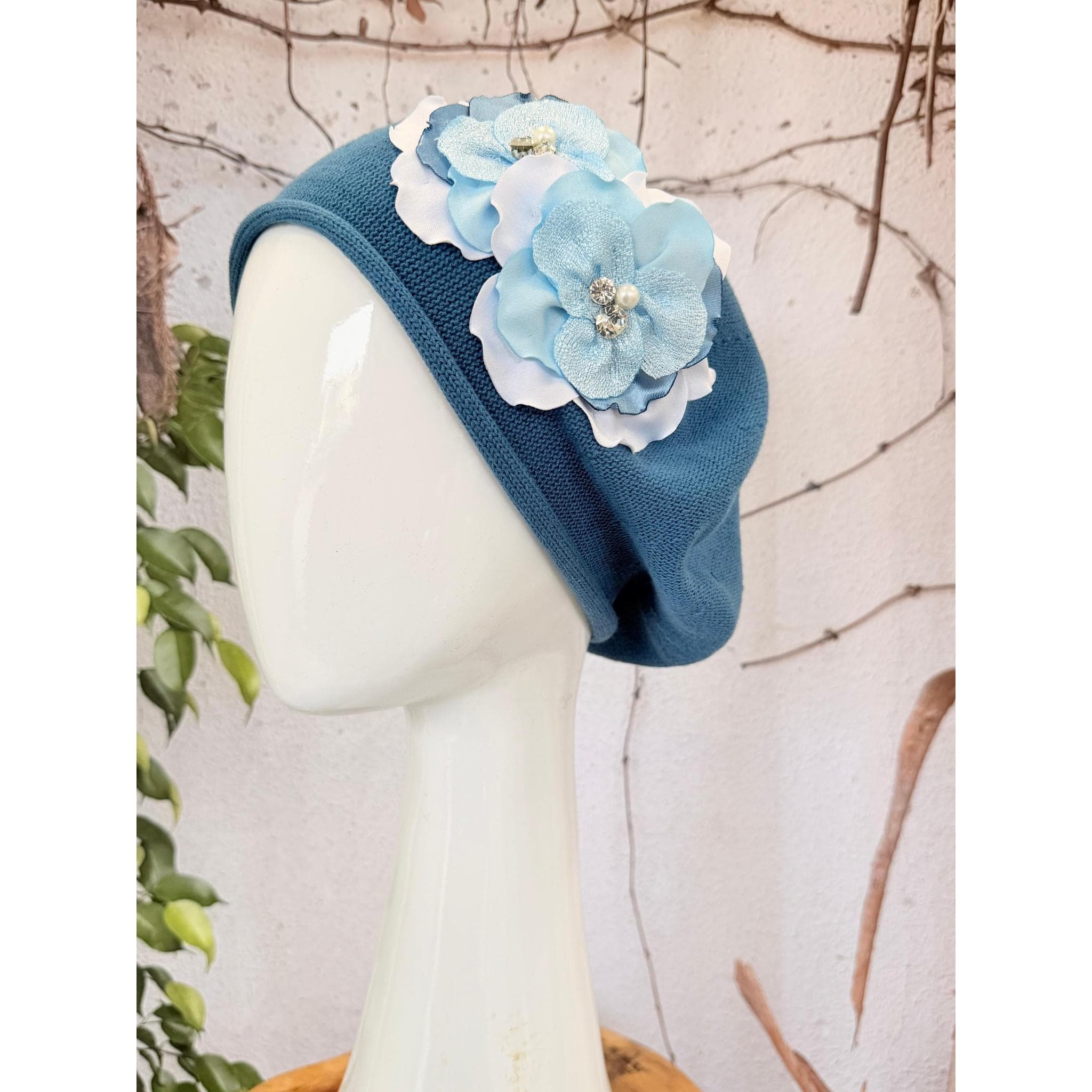Teal Blue Embellished Cotton Beret, Women's Modest Head Covering, Medium/Large Slip On Tichel, Elegant Everyday Hair Cover