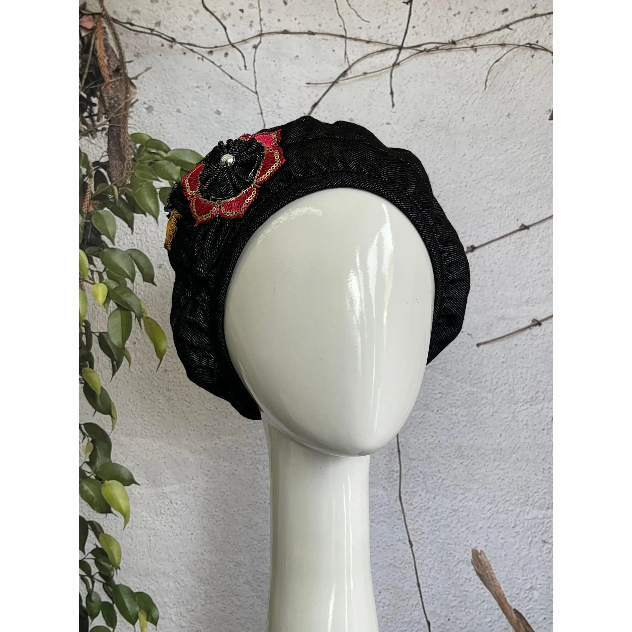 Embellished Hat - Size #2 Black Faux Denim Multi4-Hat-The Little Tichel Lady