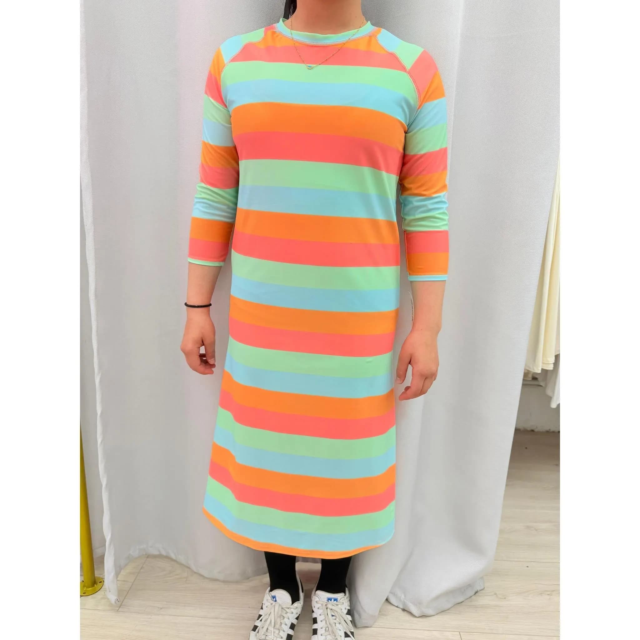Girls Modest Swim Dress, Multi Stripes, Sizes 4-18, Great for Pools, Beach, Water Activities, Tznius Clothing