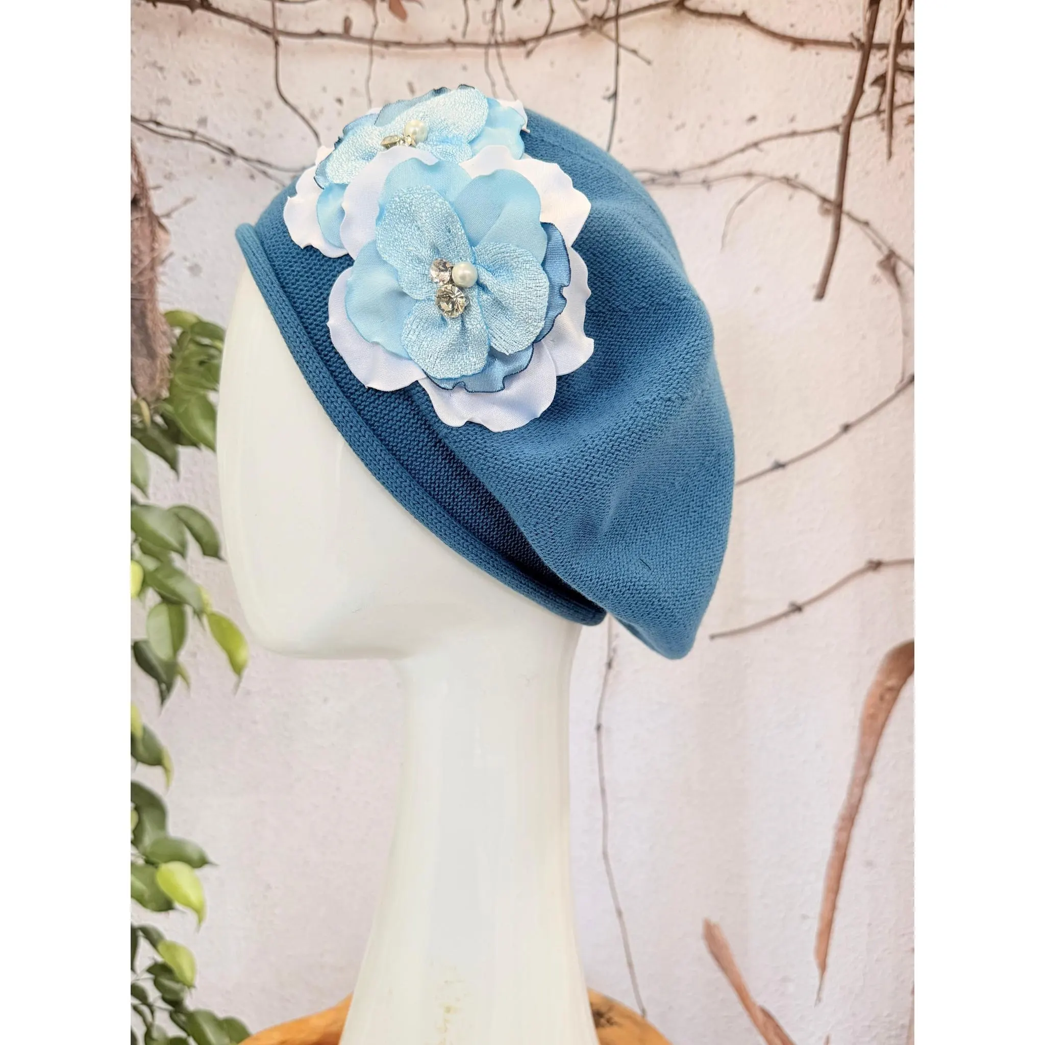 Embellished Cotton Beret - Medium/Large, Teal Blue-Beret-The Little Tichel Lady