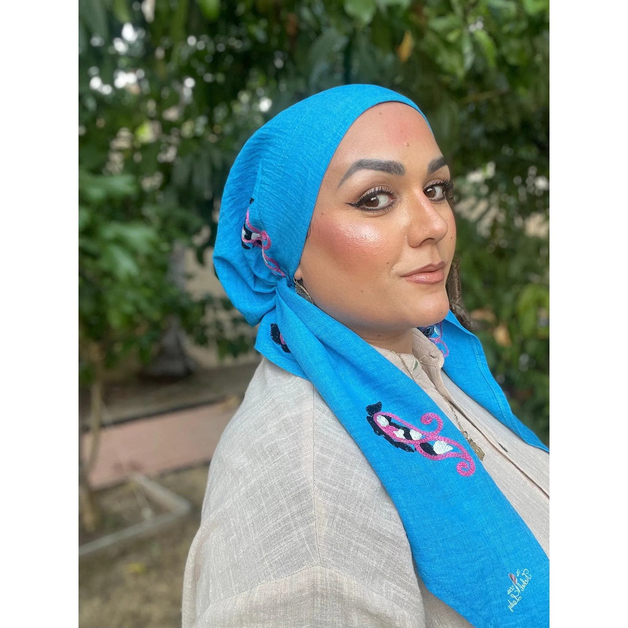 Linen Embroidered Pretied w/ VELVET HEADBAND & Adjustable Circumference - Blue-Pretieds-The Little Tichel Lady