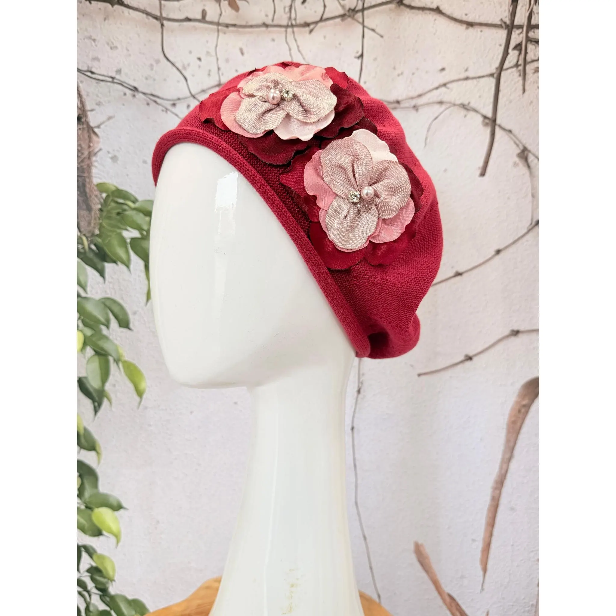 Muted Burgundy Embellished Cotton Beret, Women's Modest Head Covering, Medium/Large Slip On Tichel, Elegant Hair Cover