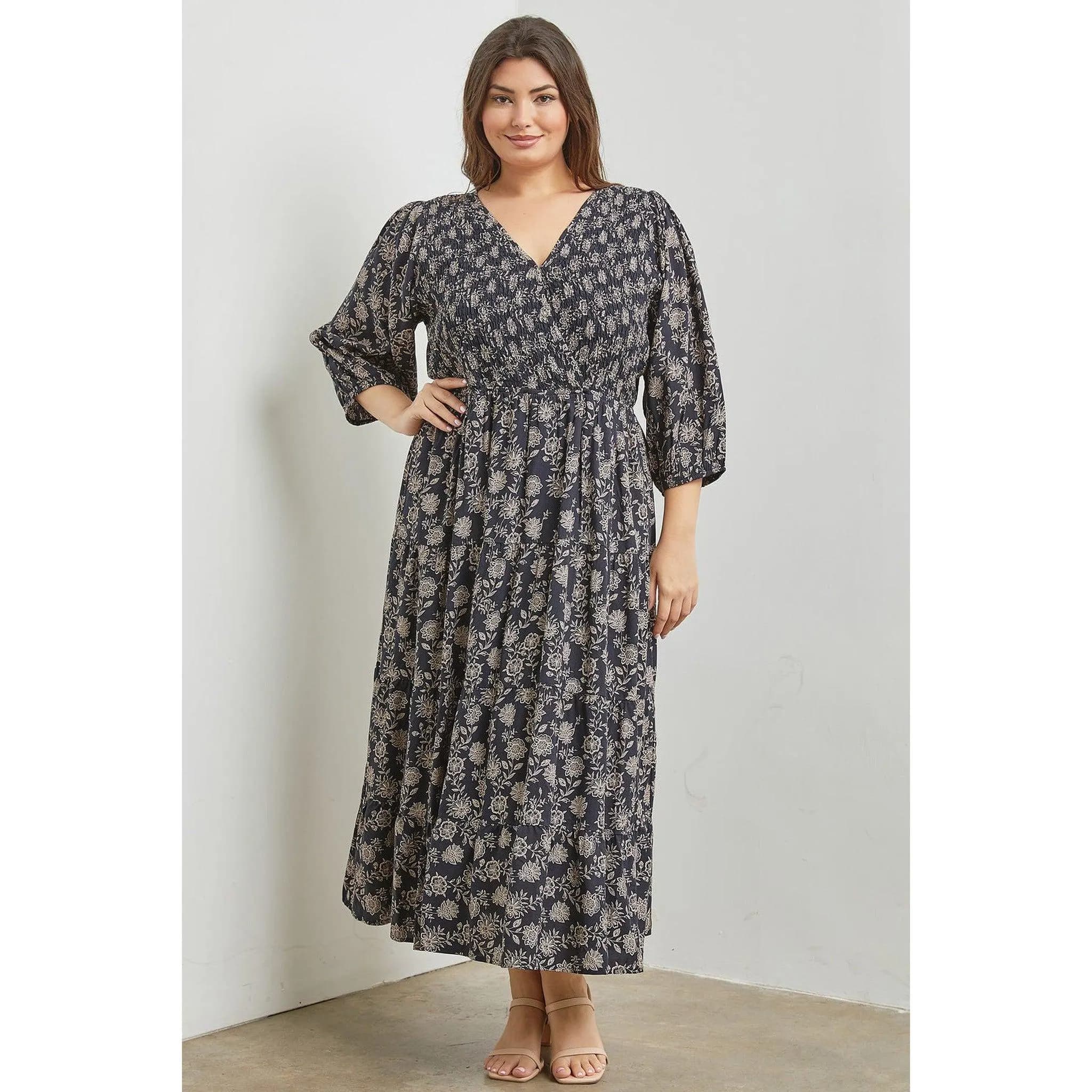 Breezy Floral Midi Dress for Women, PLUS SIZES, Black w/ Taupe Floral Print, V-Neck, 3/4 Sleeves, Pockets, Breathable Modest Lined Dress