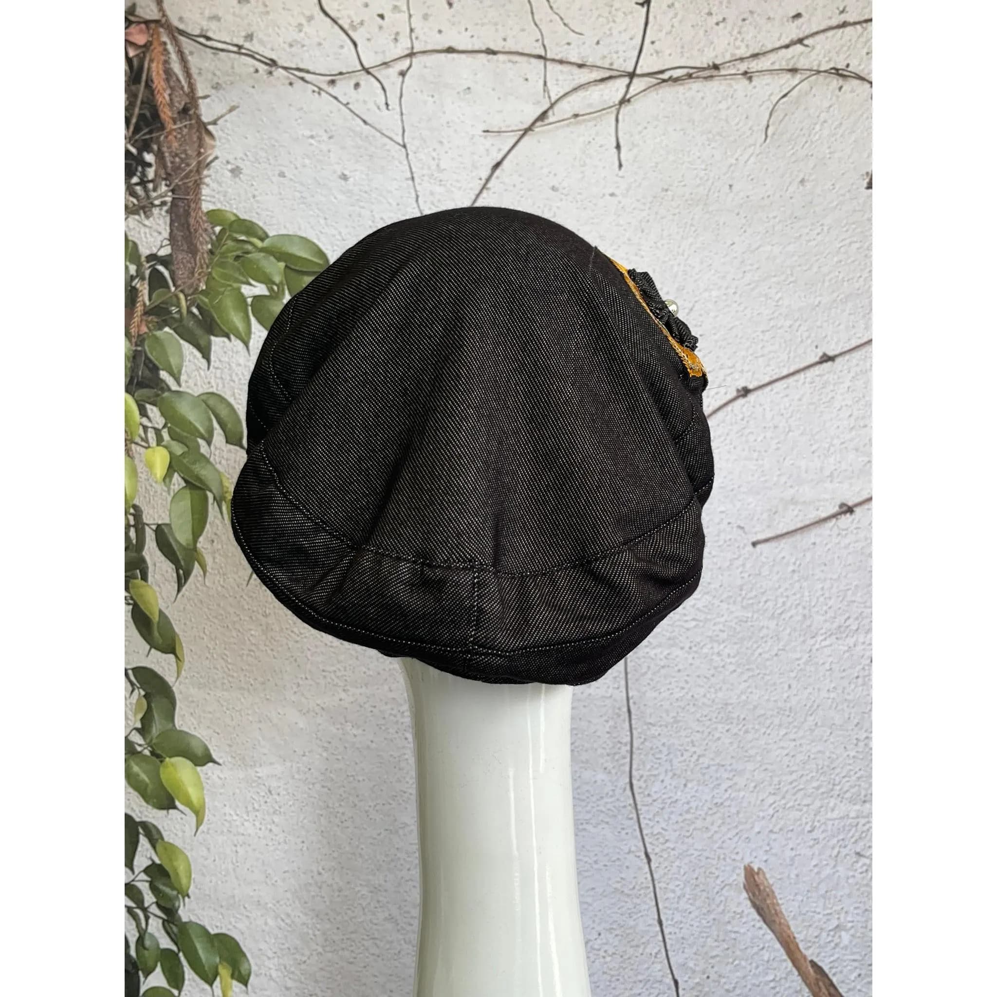 Embellished Hat - Size #2 Black Faux Denim Multi4-Hat-The Little Tichel Lady