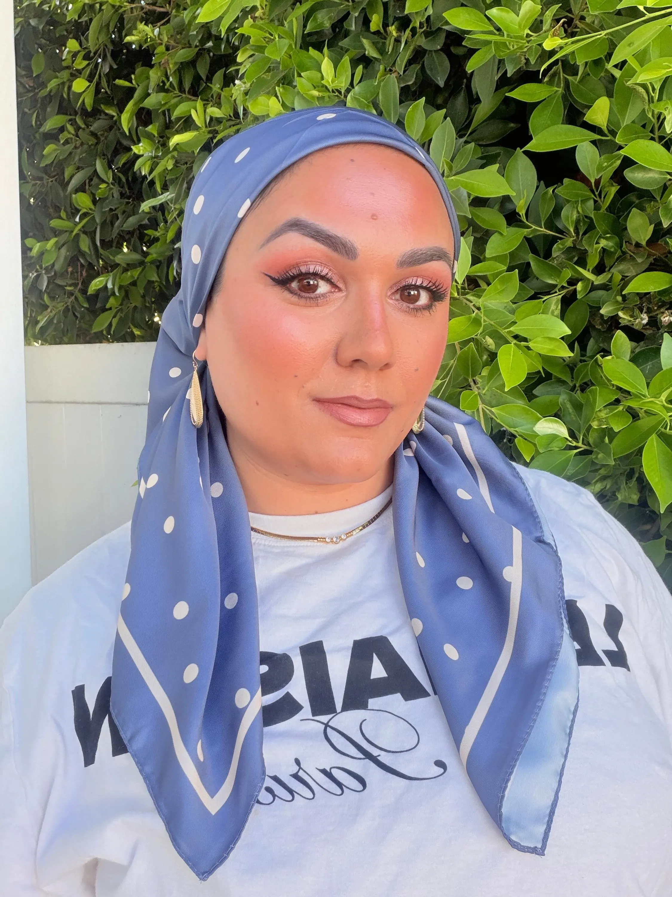 Blue Polka Dot Satin Square Tichel, Women's Headscarf, Modest Hair Covering, Lightweight Satin Scarf for Everyday Wear