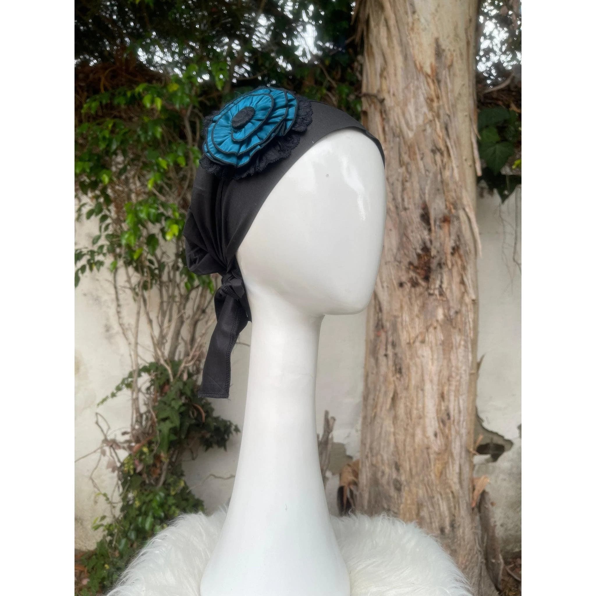 Embellished Sinar, Black Base w/ Teal Blue, Cotton Turban Head Cover, Elegant Chemo Headwear, Gift for Her, Fancy Hair Accessory Tichel Lady