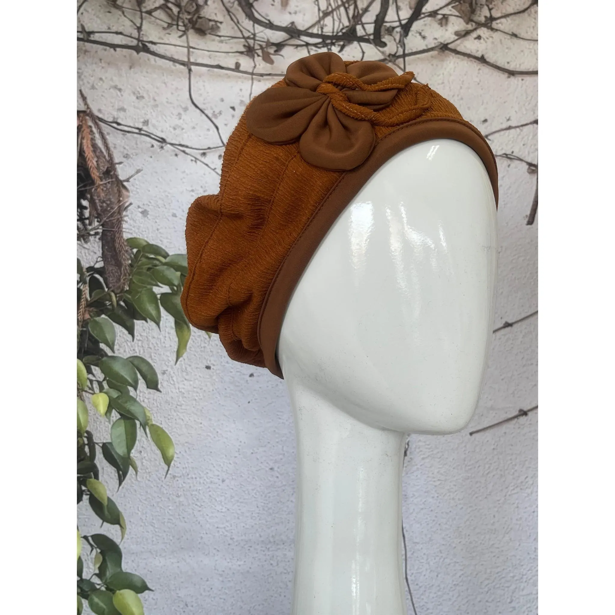 Embellished Hat For Women, Rust Bow, Slip On Head Covering, Size #2, Fancy Chemo Headwear, Cancer Gift, Tichel Lady Alopecia Hat