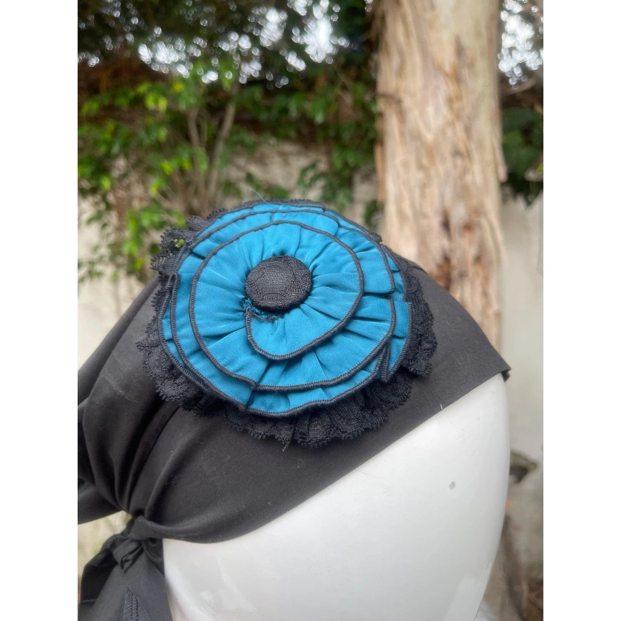 Embellished Sinar, Black Base w/ Teal Blue, Cotton Turban Head Cover, Elegant Chemo Headwear, Gift for Her, Fancy Hair Accessory Tichel Lady