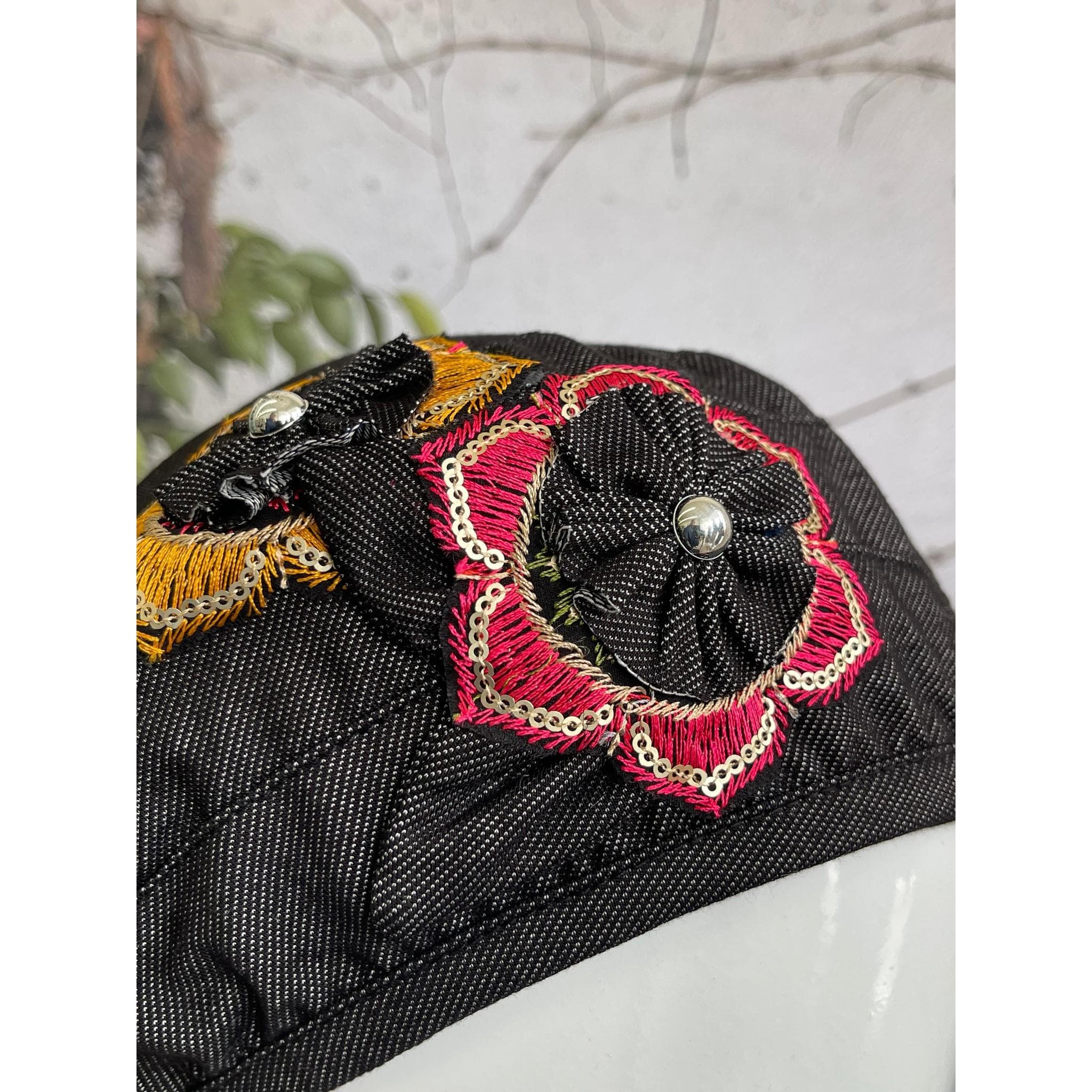 Embellished Hat - Size #2 Black Faux Denim Multi4-Hat-The Little Tichel Lady