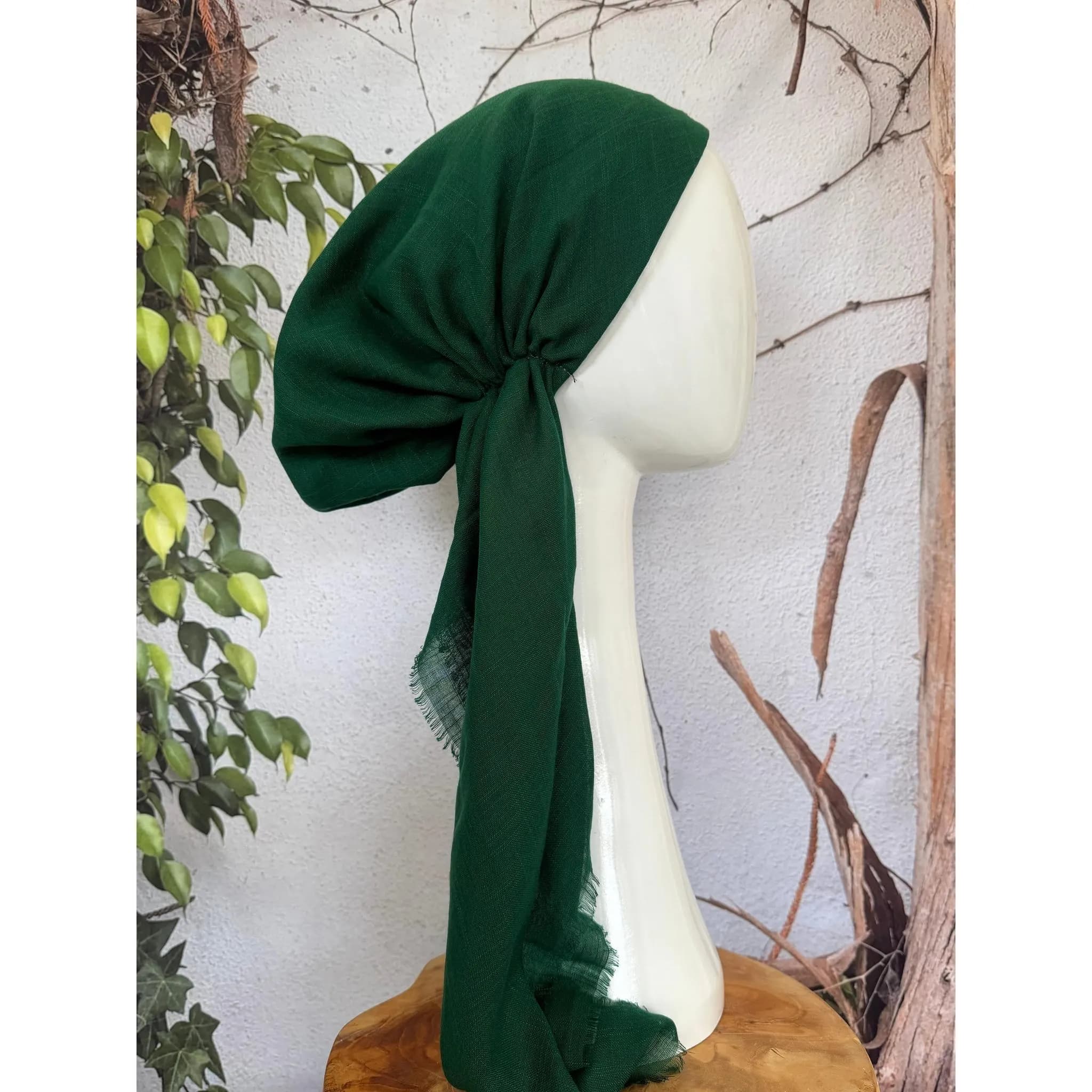 Pre Tied Head Scarf for Women, NON-SLIP Band Attached, Hunter Green, Cotton Textured Long Tails, Chemo Headwear Slip On Bandana Cover Tichel