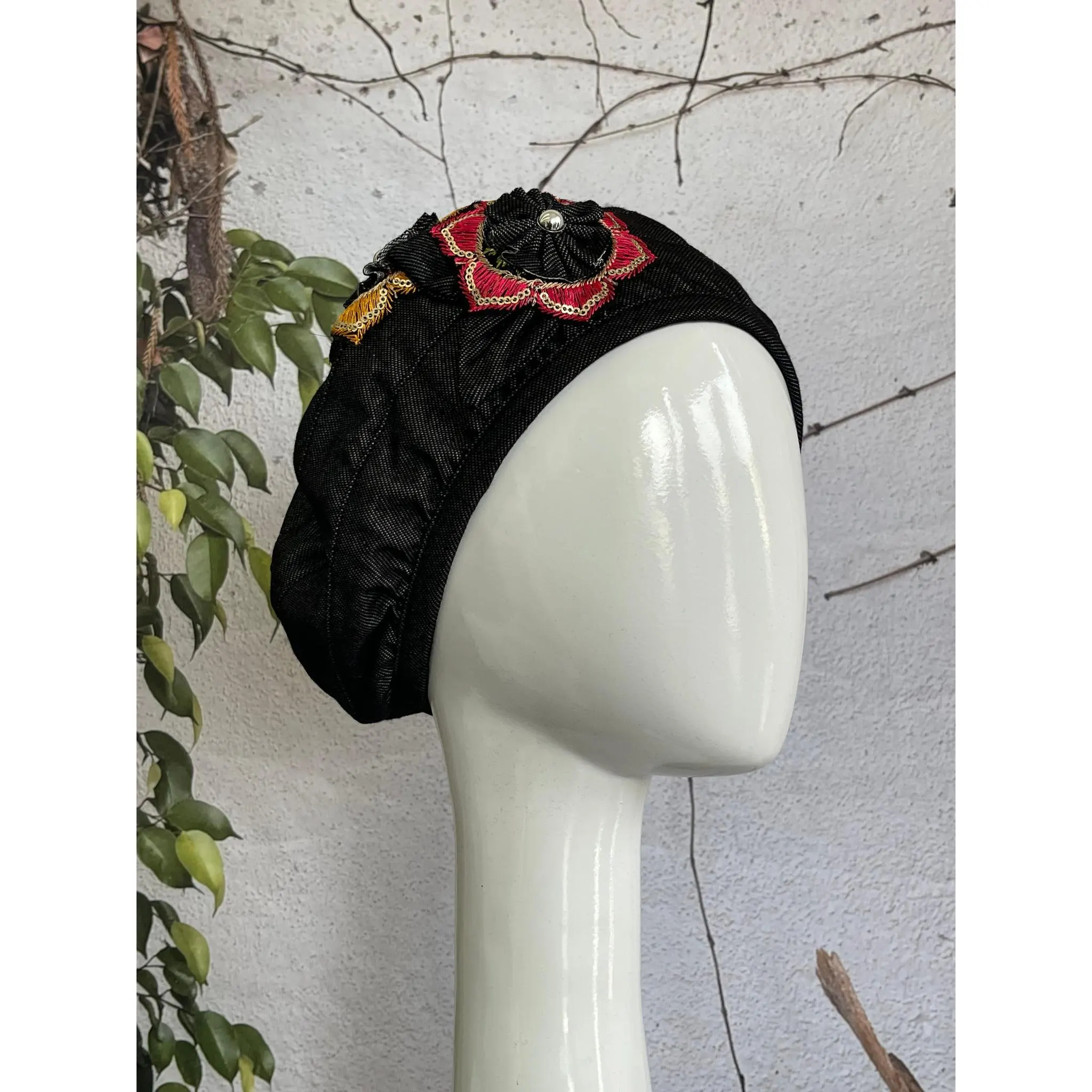 Embellished Hat For Women, Multi Black Faux Denim, Slip On Head Covering, Size #2, Fancy Chemo Headwear, Cancer Gift Tichel Lady Alopecia