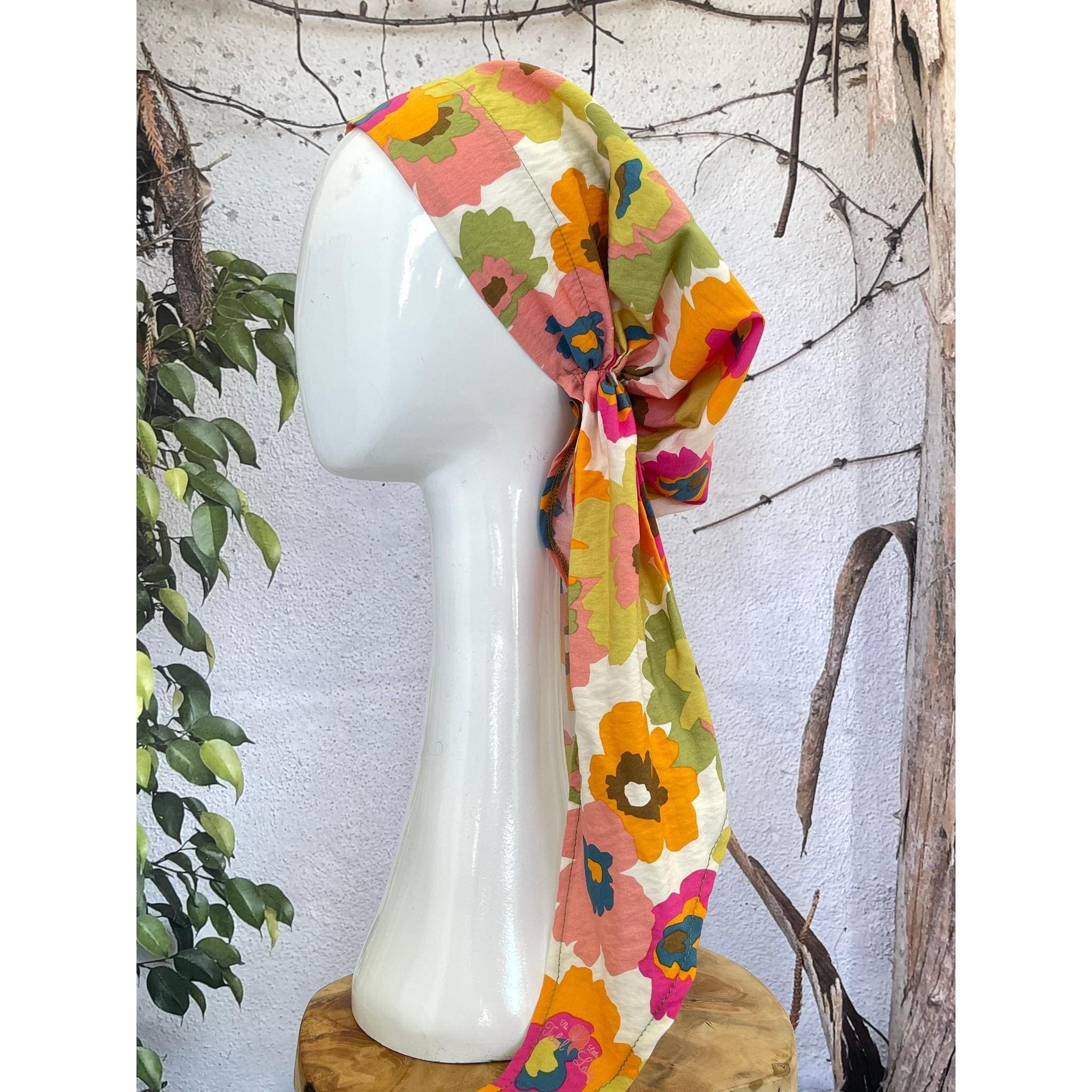 Lightweight Pre Tied Head Scarf, Mod Floral Print, Velvet Band Attached, Adjustable Band, Non Slip, Slip On Chemo Headwear, Tichel Lady