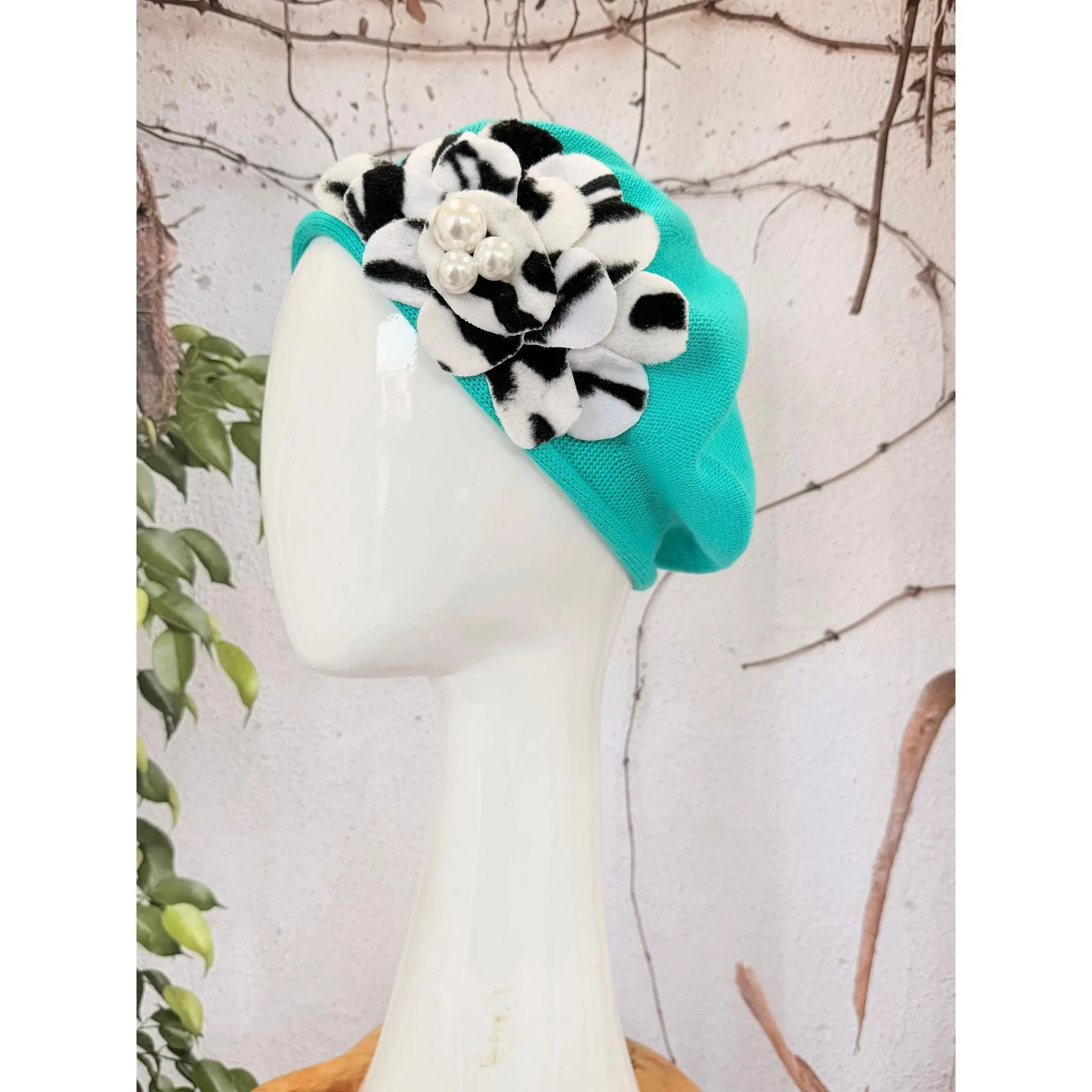 Sea Green Embellished Cotton Beret, Women's Modest Head Covering, Small Slip On Tichel, Elegant Everyday Hair Cover