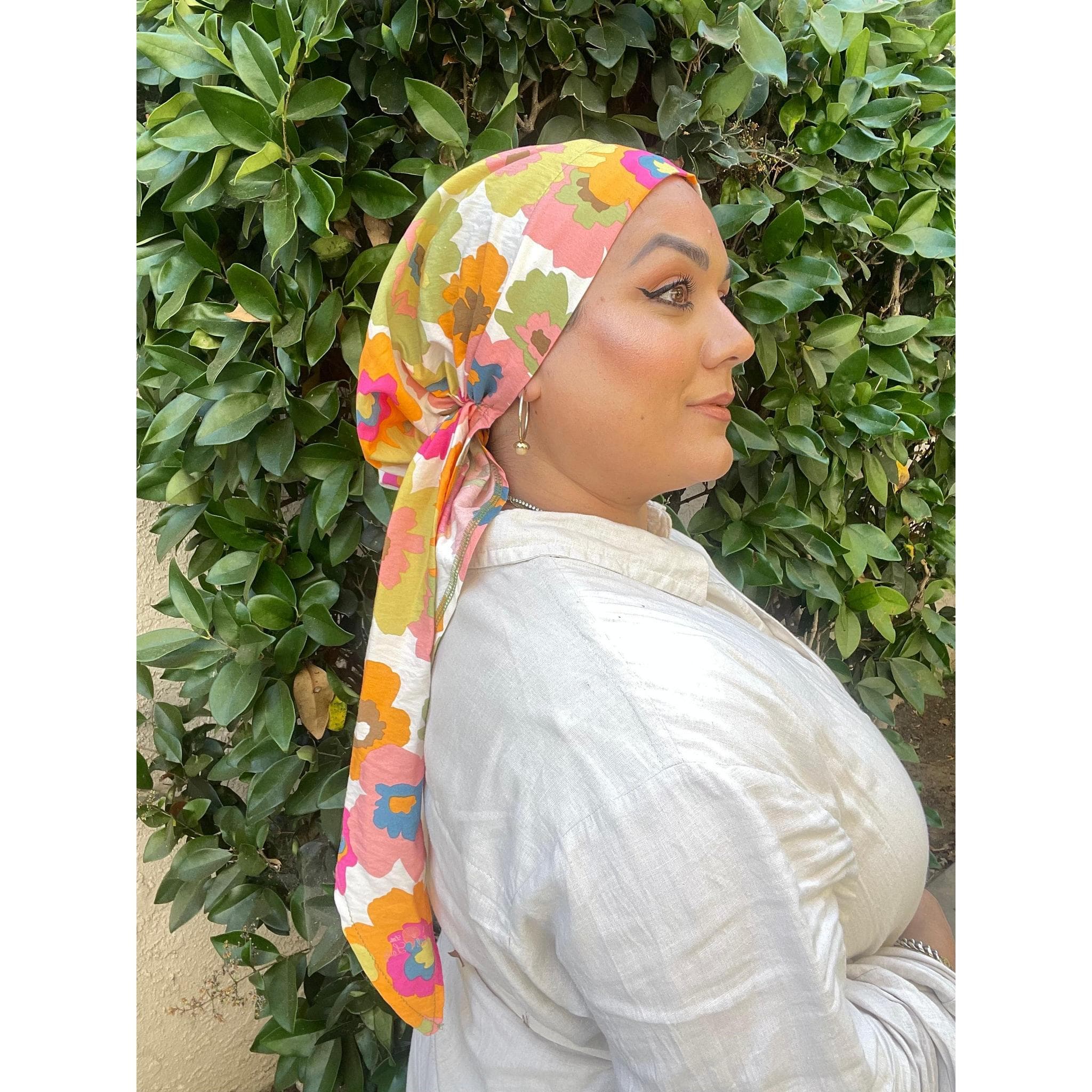 Lightweight Pre Tied Head Scarf, Mod Floral Print, Velvet Band Attached, Adjustable Band, Non Slip, Slip On Chemo Headwear, Tichel Lady