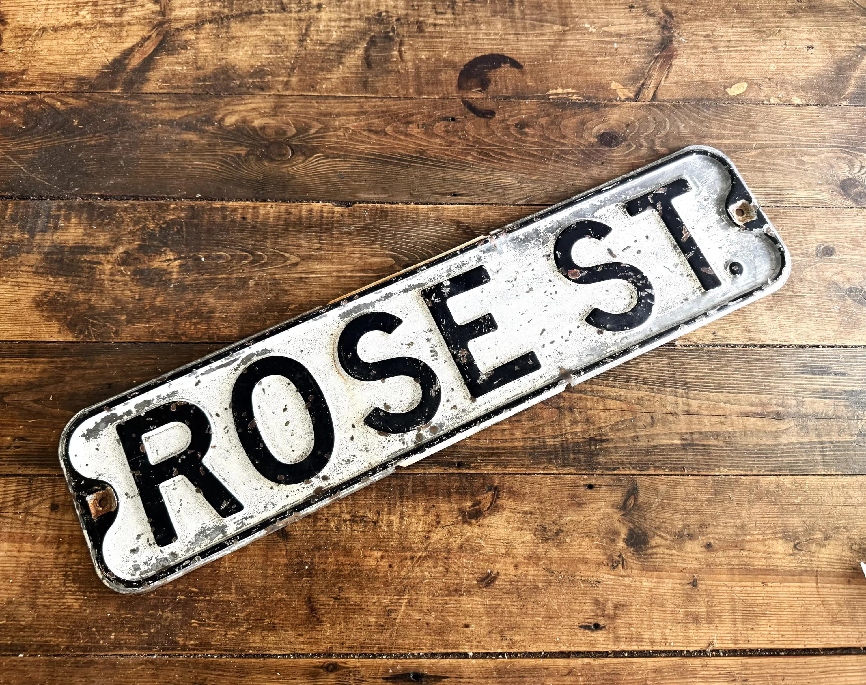 Rustic Vintage Heavy Metal "Rose St." White and Black Road Sign Old Street Sign Garden Decor