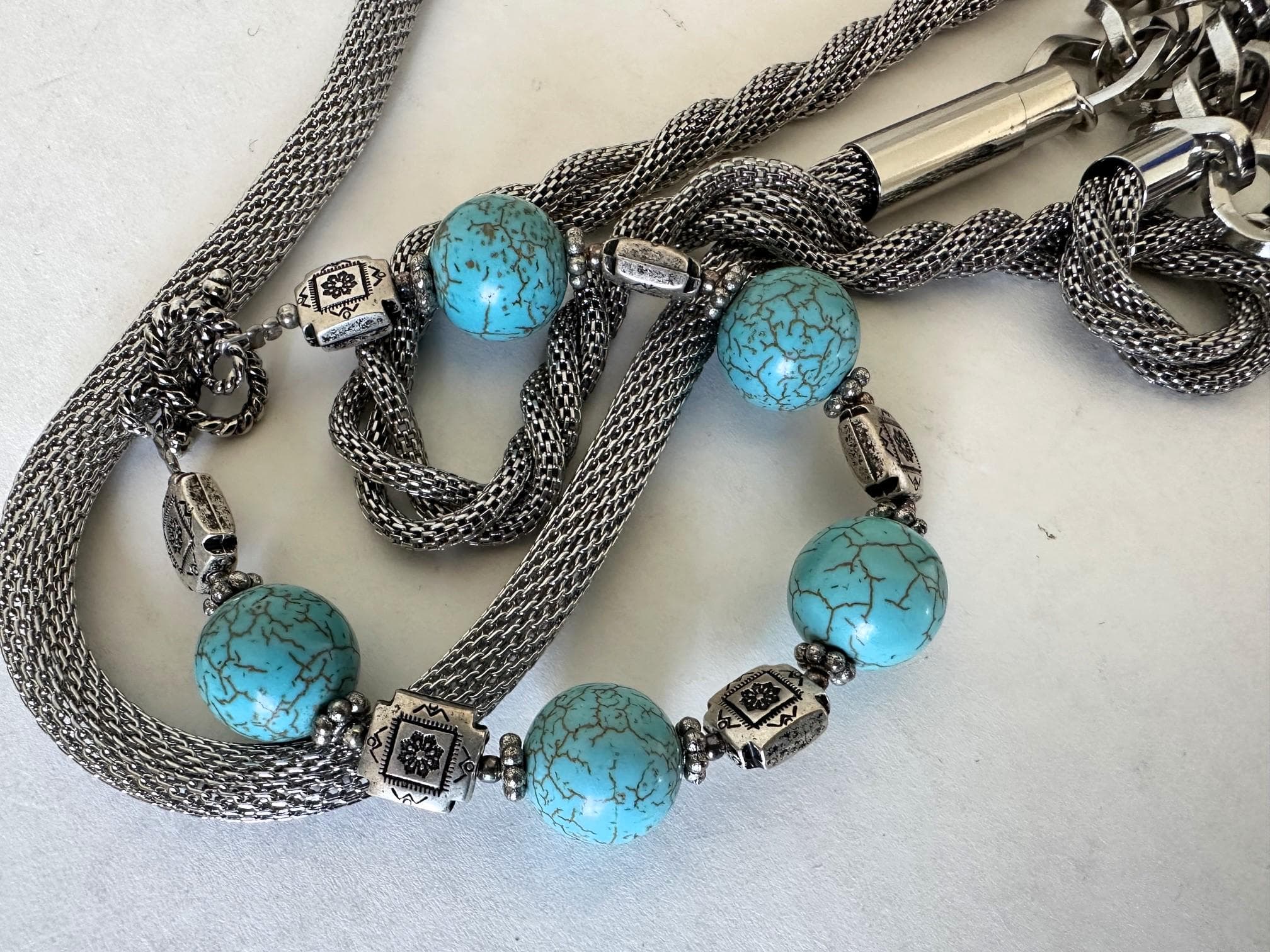 Beaded Bracelet, Turquoise & Embossed Silver, Toggle Closure, Southwestern Design, Vintage - image 3