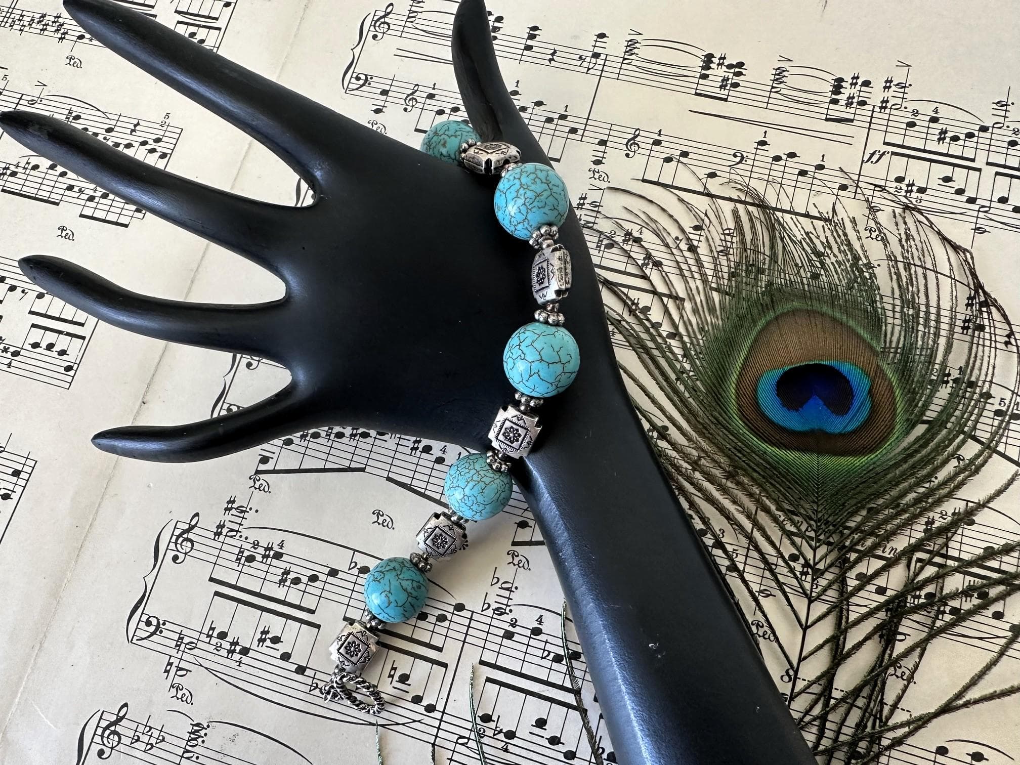 Beaded Bracelet, Turquoise & Embossed Silver, Toggle Closure, Southwestern Design, Vintage - image 4