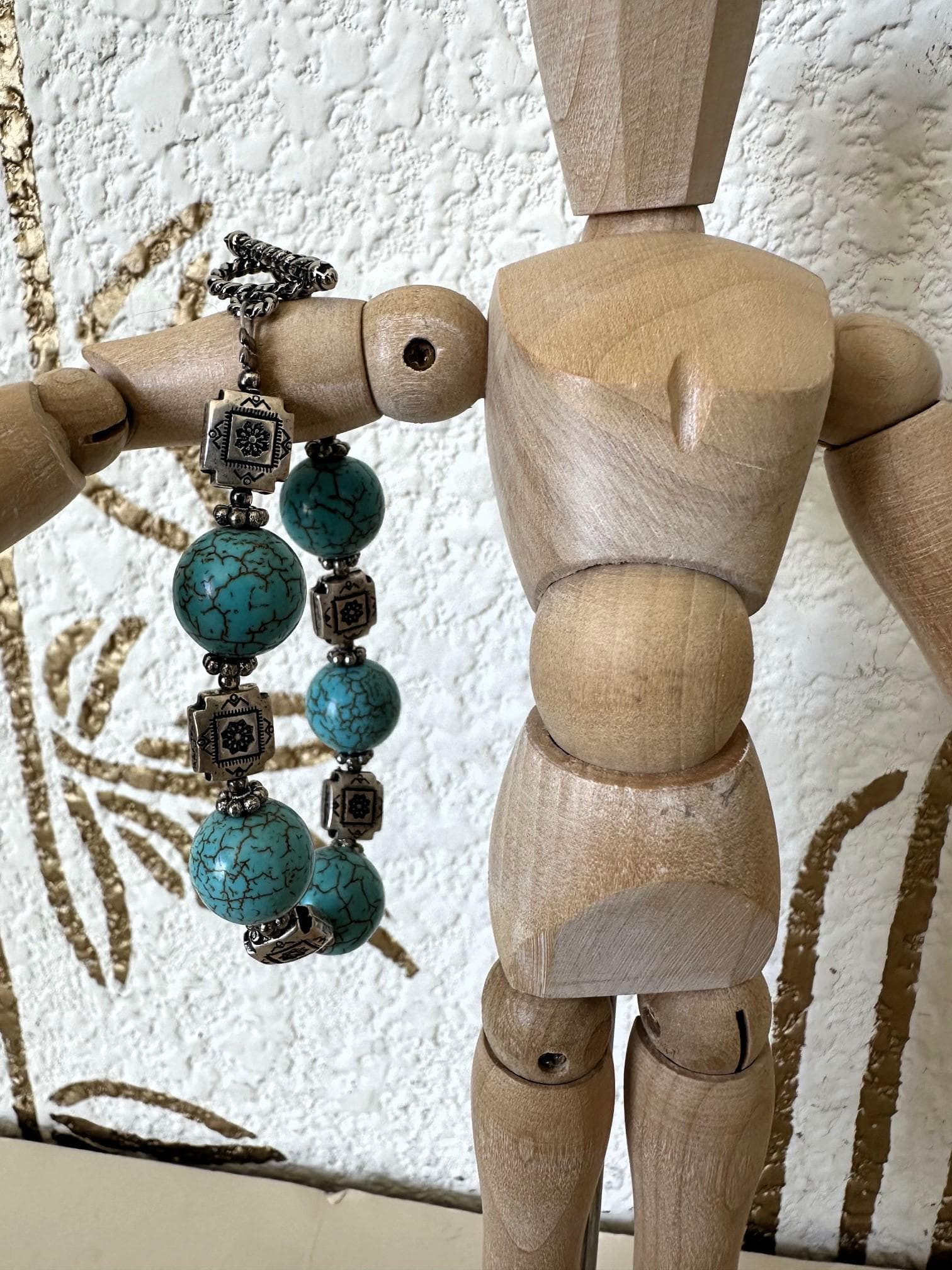 Beaded Bracelet, Turquoise & Embossed Silver, Toggle Closure, Southwestern Design, Vintage - image 5