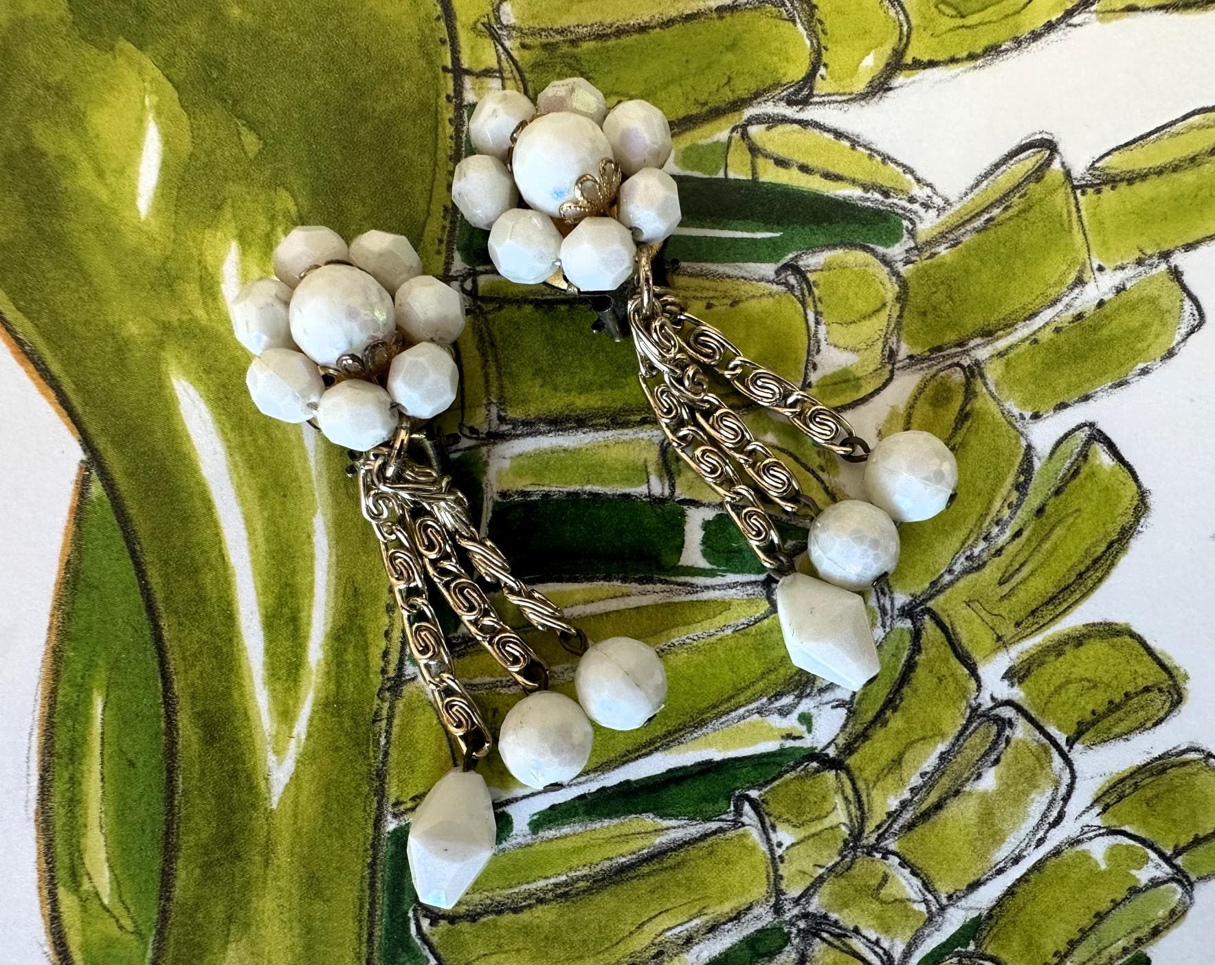 Dangle Drop Clip-back Earrings, WEST GERMANY, White Milk Glass, Vintage - image 4