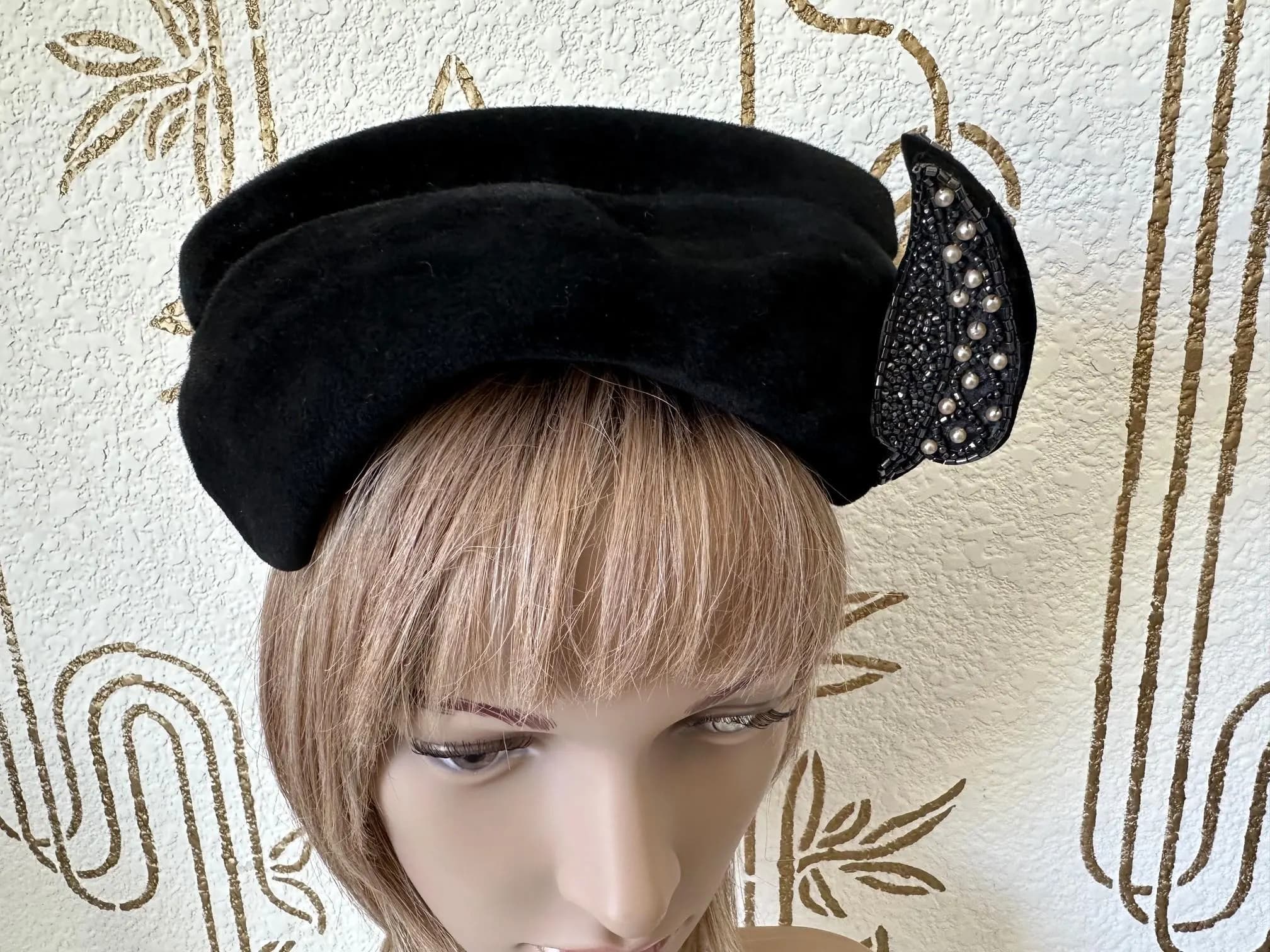 Asymmetrical Hat, Black Wool Velour, Hat with Beaded and Pearl Leaf Embellishment, Vintage - image 3