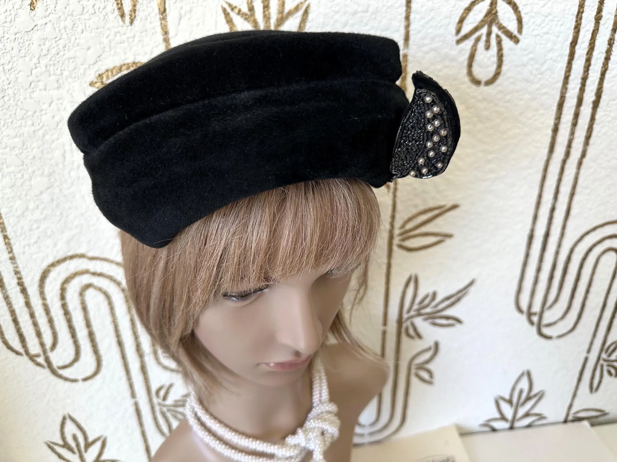 Asymmetrical Hat, Black Wool Velour, Hat with Beaded and Pearl Leaf Embellishment, Vintage - image 5