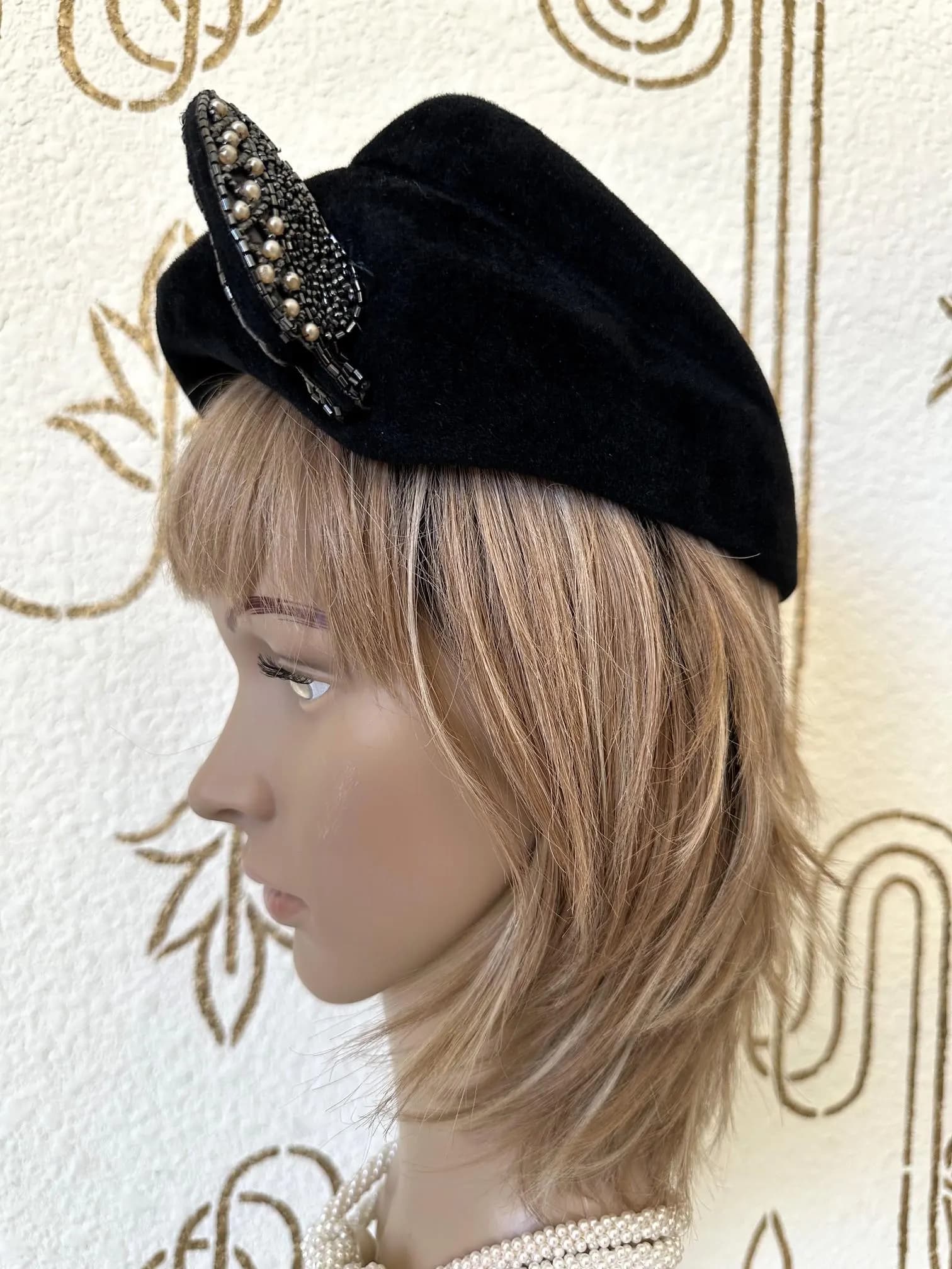 Asymmetrical Hat, Black Wool Velour, Hat with Beaded and Pearl Leaf Embellishment, Vintage - image 4