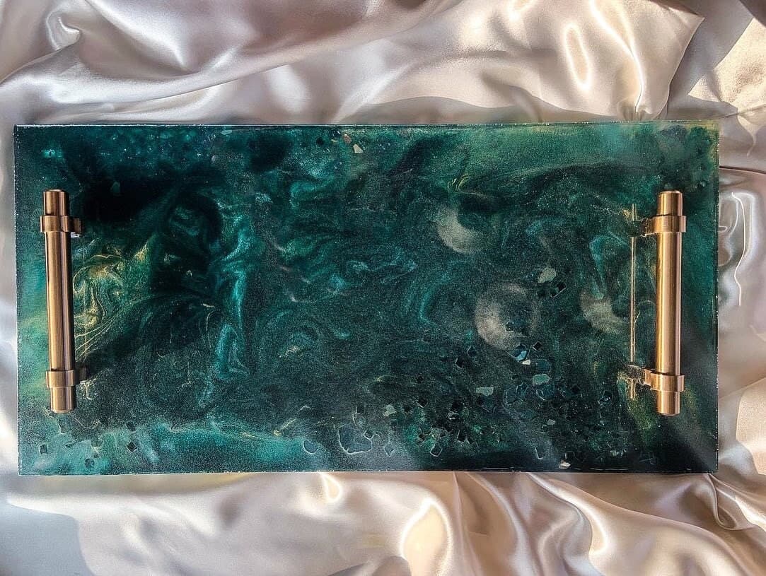 Large emerald green resin tray|green table deco|Green resin art|elegant table |luxe table decor|Bejewelled tray|jewel tone art|charcuterie - image 3