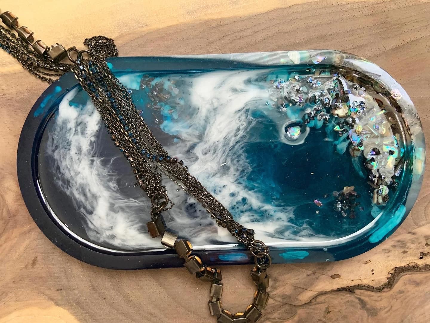Ocean Trinket Tray|Deep Sea decor| beach trinket tray| ocean art|Ocean resin tray|Ocean waves decor|Wedding favour blue|Paua shell tray - image 3