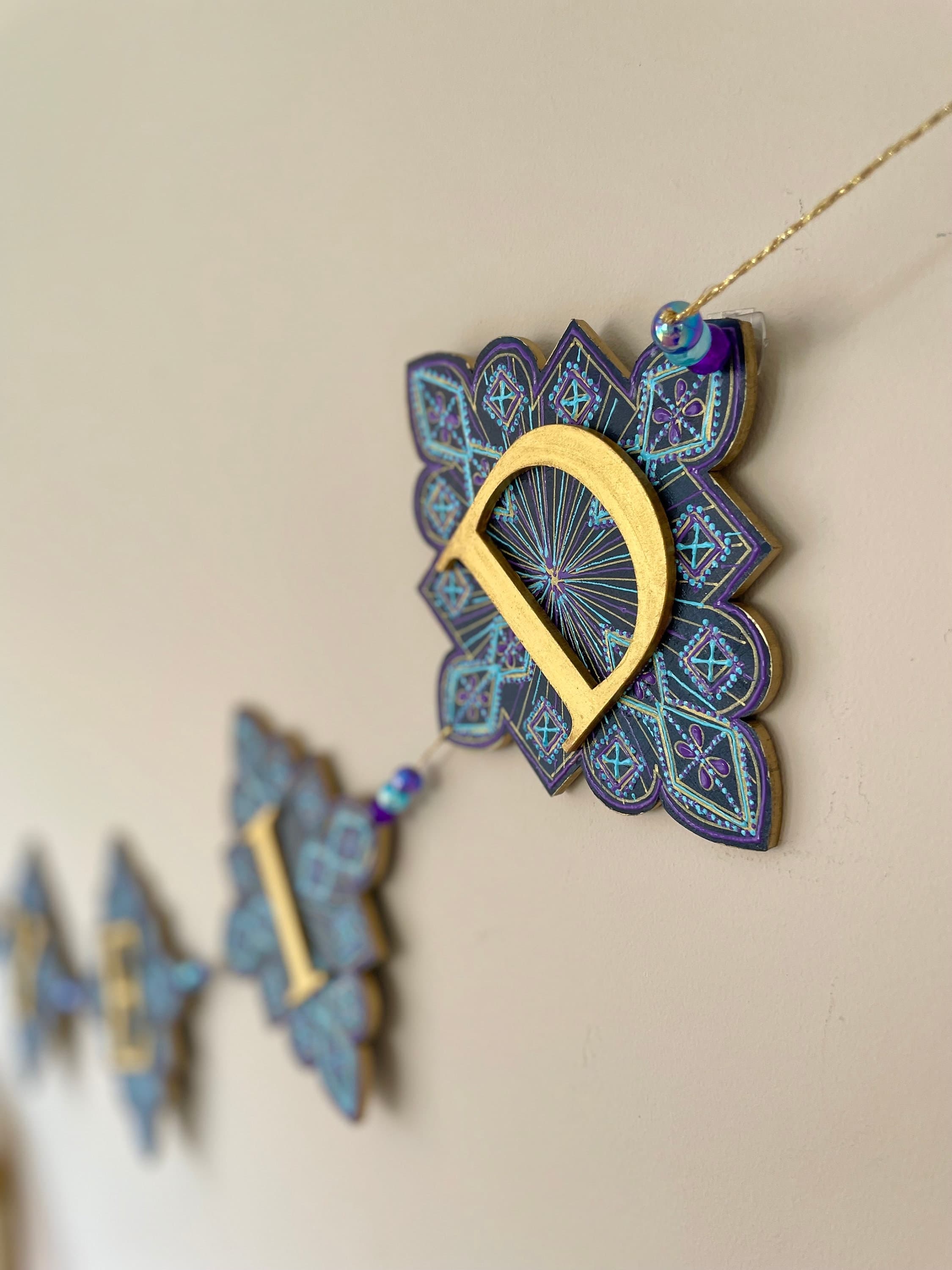 Hand-Painted Midnight Imperial Happy Eid Banner | Garland Decor Blue Purple Turquoise Gold - image 3