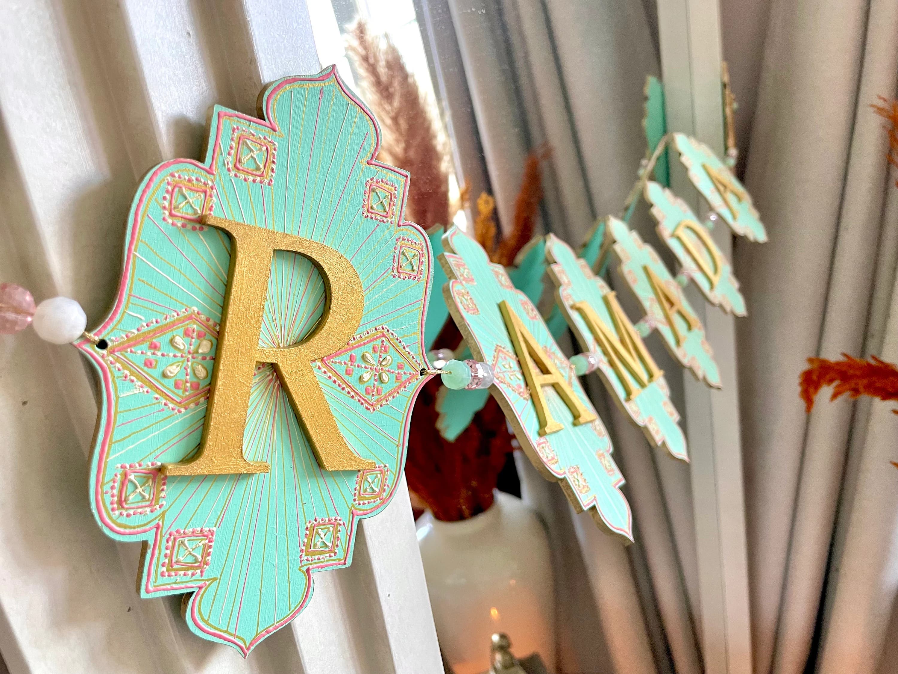 Imperial Dawn Ramadan Wood Material Banner | Ivory Pink Mint Green Gold | Party Decor | Hand-Painted Garland Streamer