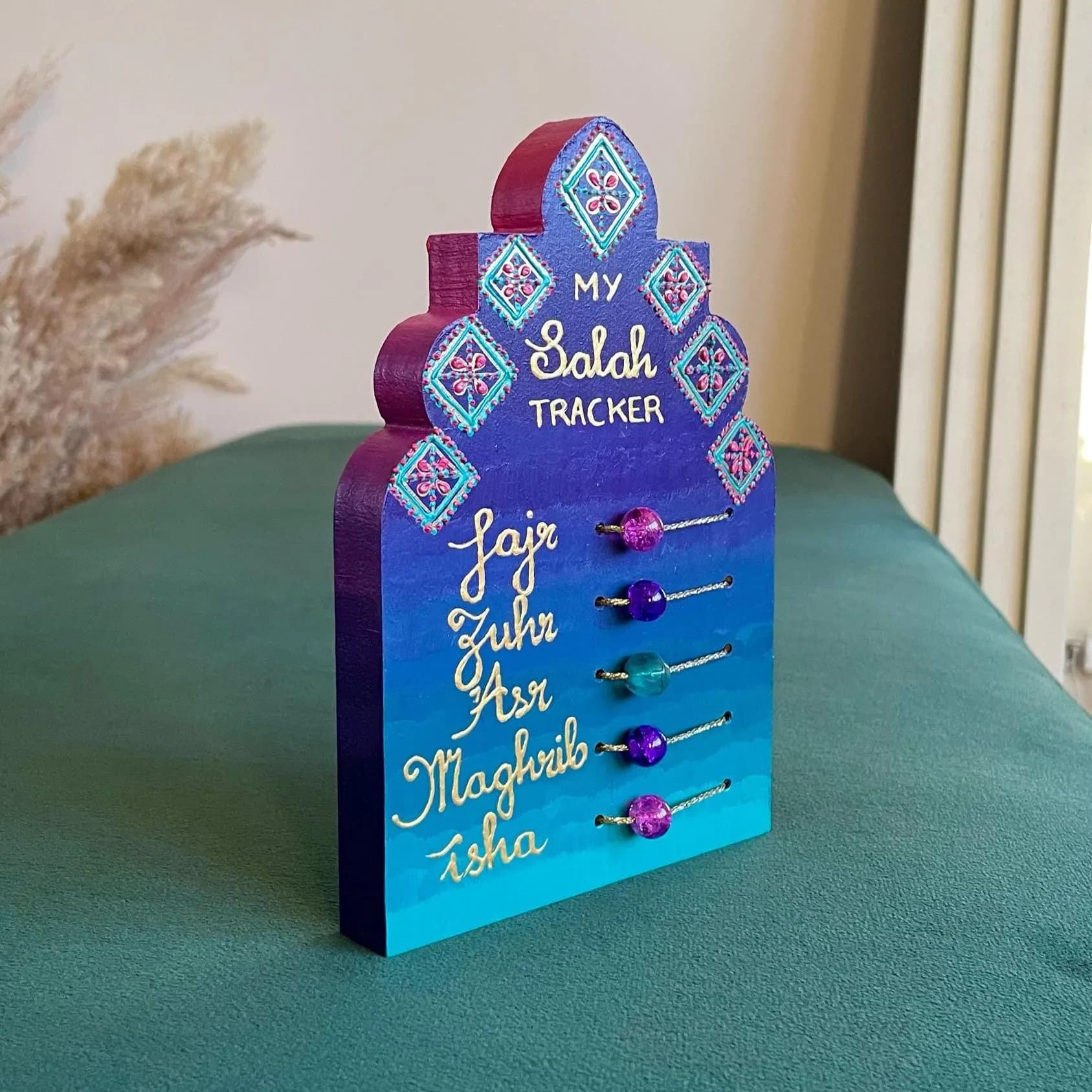Twilight Children's Salah Tracker | Hand-painted Eid Decor Purple Teal Pink Gold | Ramadan Gift - image 3