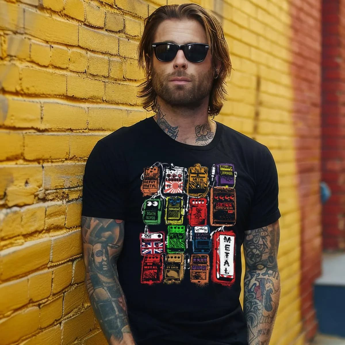 Front view of black Distortion Pedal T-Shirt featuring hand-drawn FX pedal graphic, laid flat on white background