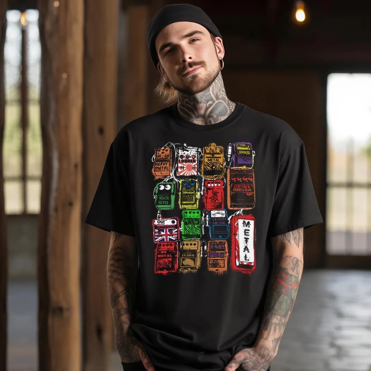Close-up of guitar effects pedal artwork printed on cotton tee, showcasing fine detail and edgy design