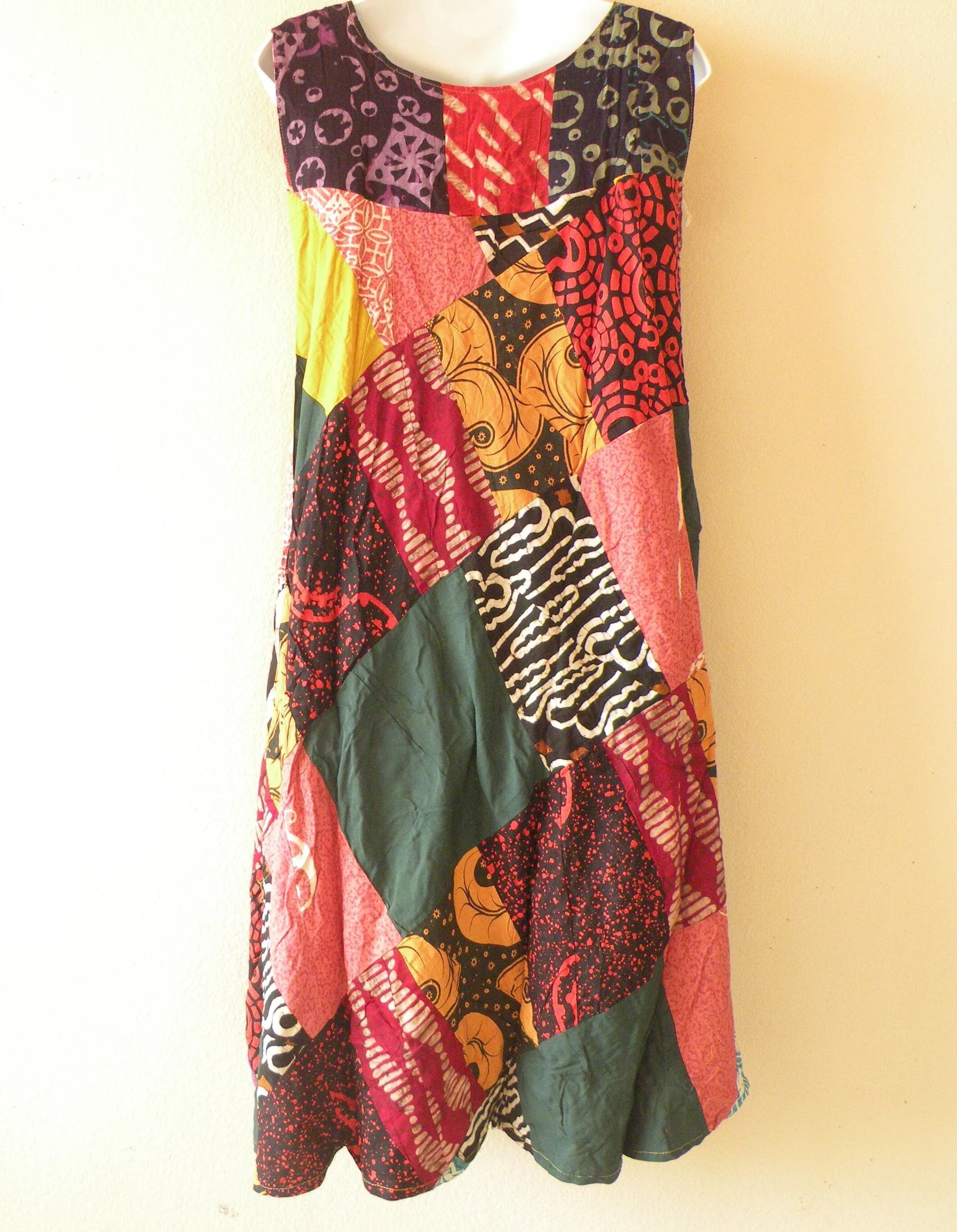PD17 Batik Patchwork Boho Ethnic Traditional Women Beachwear Sleeveless Round Neck Boho Hippie Knee Length Asymmetrical Umbrella Midi Dress - image 4