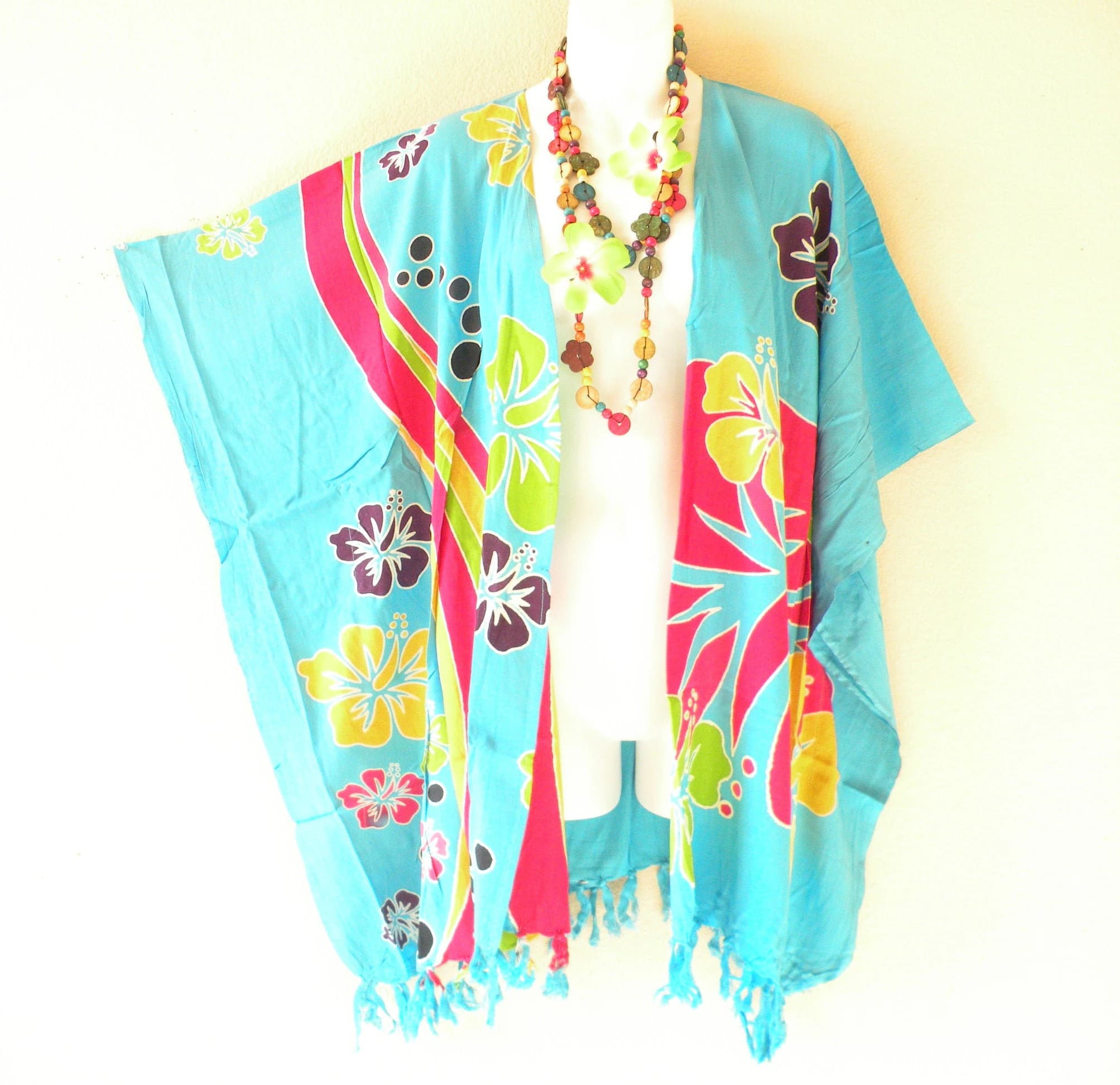 CB619 Hibiscus Batik Aqua Plus Size Kaftan Open Cardigan Duster Jacket Beachwear Cover up - S, M, L, XL, 1X, 2X, 3X, 4X & 5X - image 3