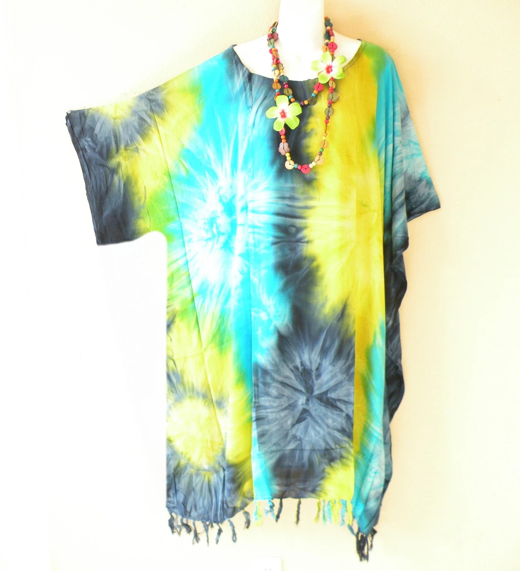 LG2 Midi 42" Length Tie Dye Hand Dye Batik Dolman Batwing Caftan Kimono Tunic Hippy Dress / Long Top - S, M, L, XL, 1X, 2X, 3X, 4X, 5X - image 5