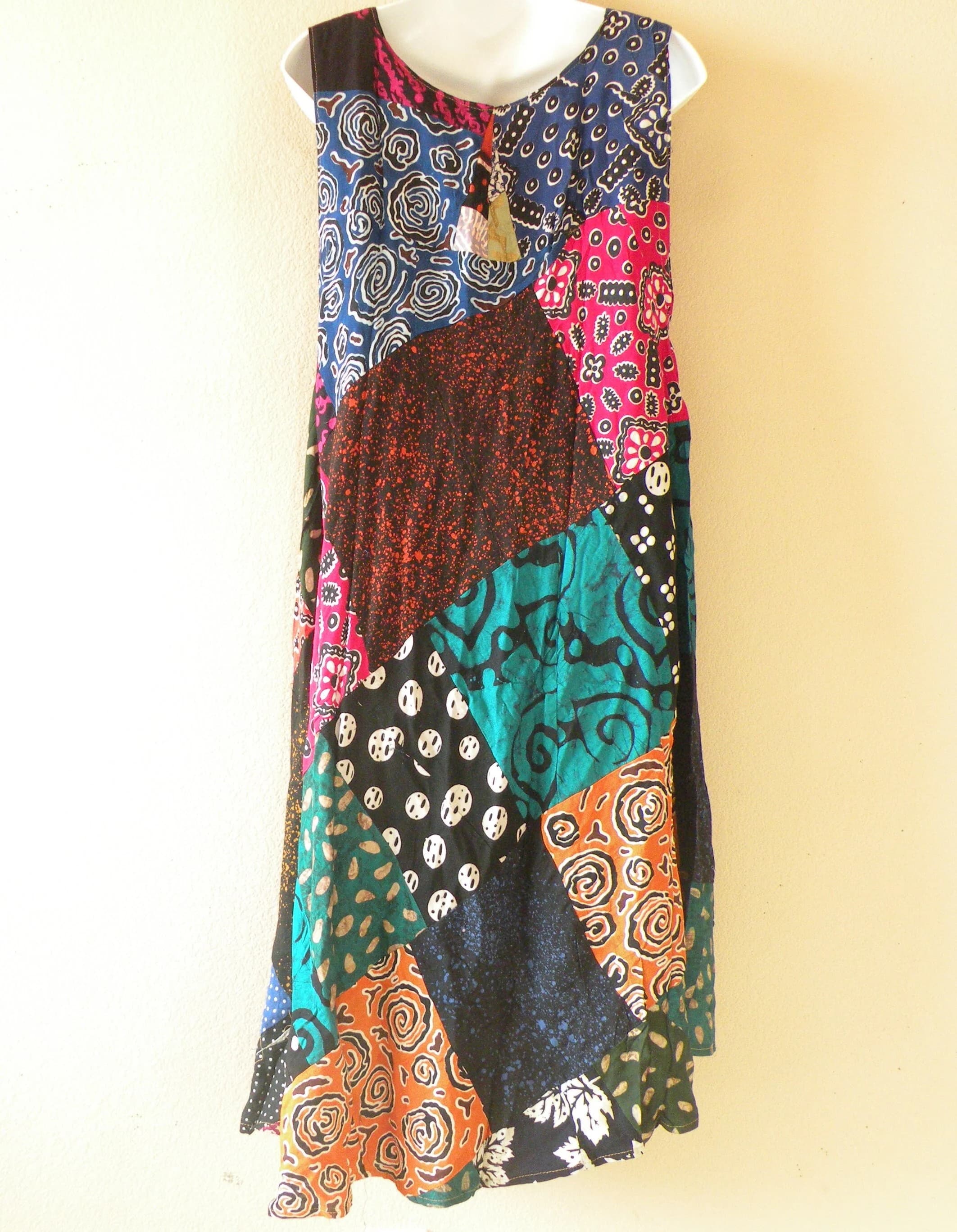 PD6 Batik Patchwork Bohemian Ethnic Traditional Women Beachwear Sleeveless Round Neck Hippie Knee Length Asymmetrical Umbrella Midi Dress - image 4