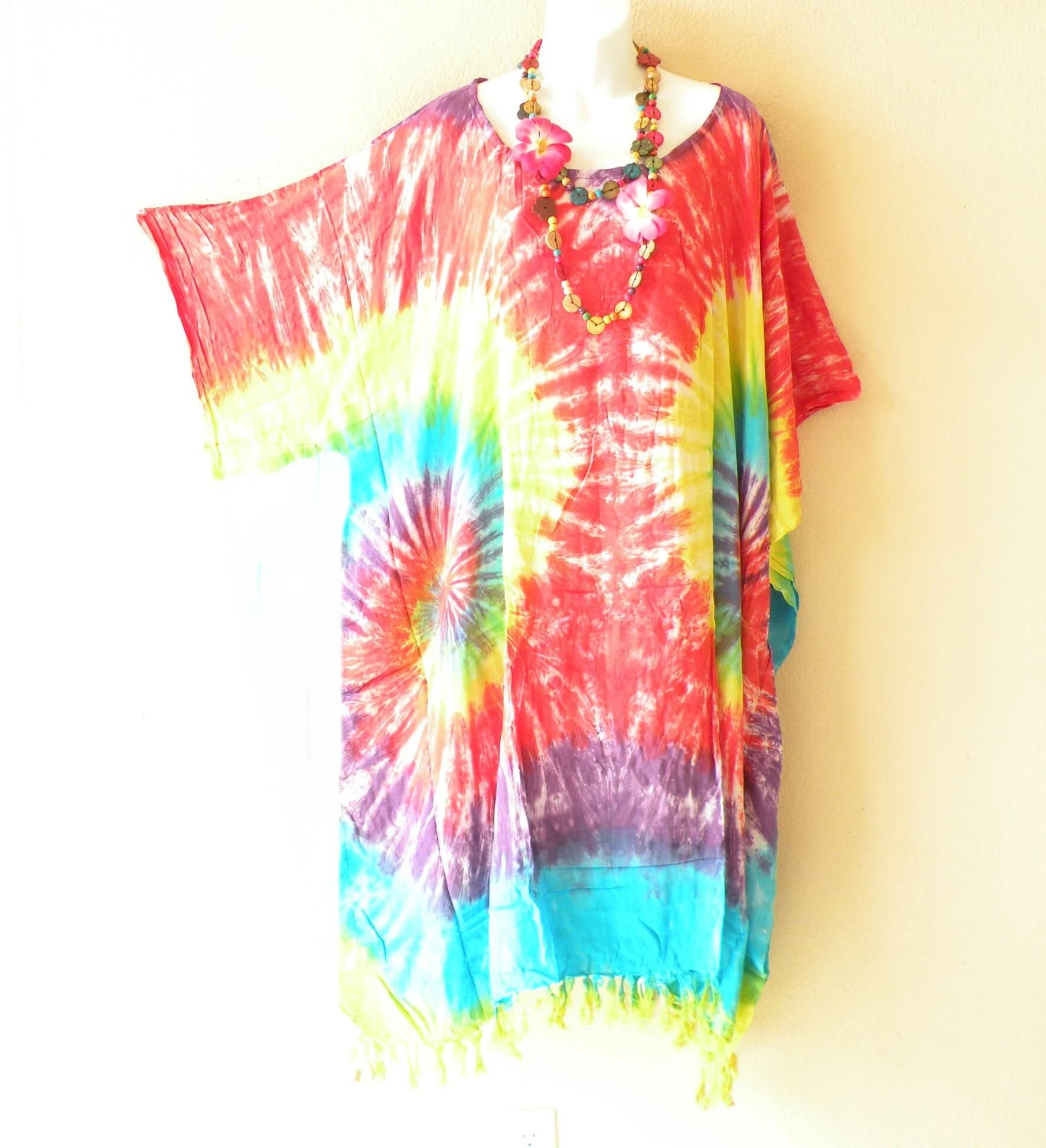 LG2 Midi 42" Length Tie Dye Hand Dye Batik Dolman Batwing Caftan Kimono Tunic Hippy Dress / Long Top - S, M, L, XL, 1X, 2X, 3X, 4X, 5X - image 3