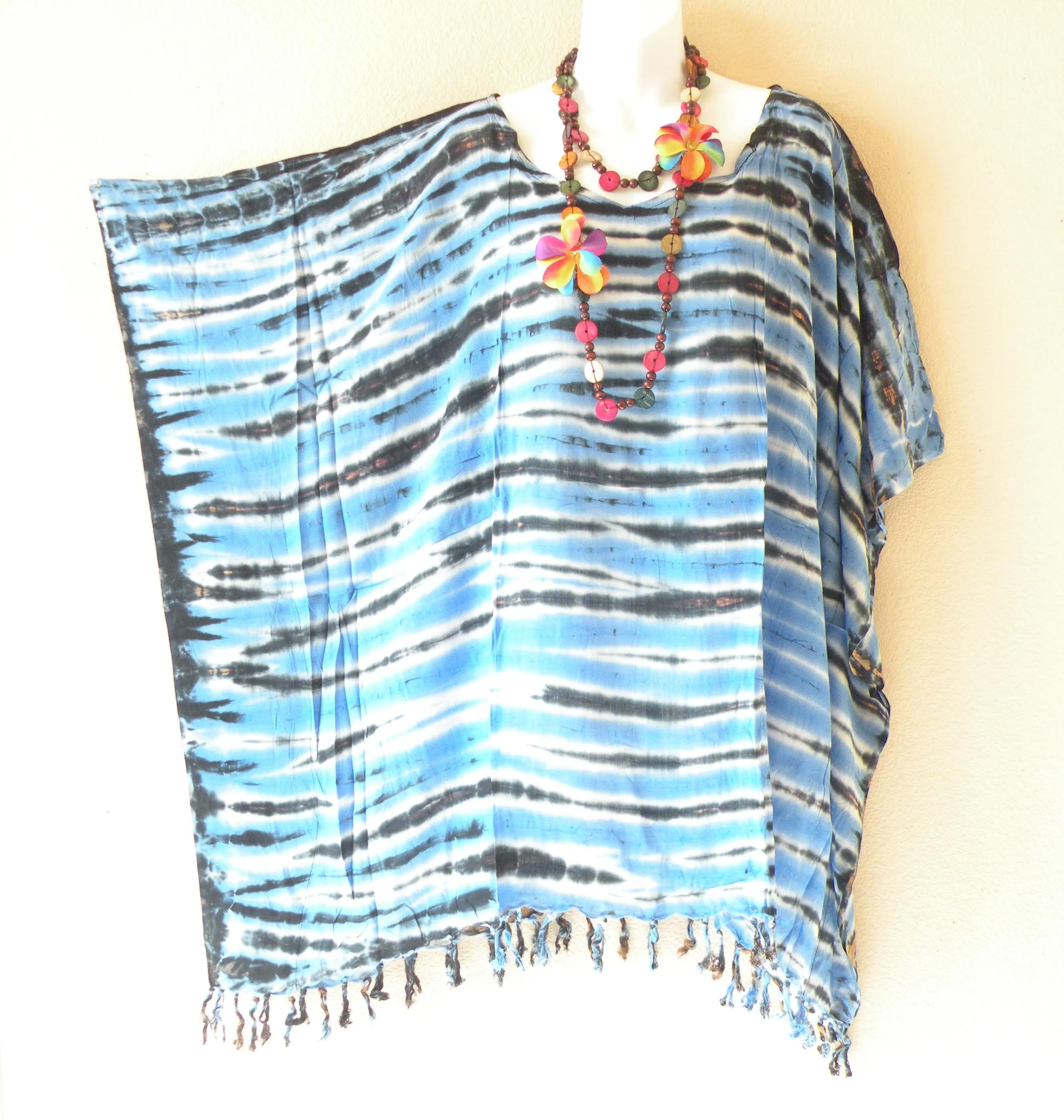 KB481 Blue Tie Dye Stripes Batik Plus Size Kaftan Caftan Kimono Beachwear Tunic Poncho Blouse Top - S, M, L, XL, 1X, 2X, 3X, 4X & 5X - image 3