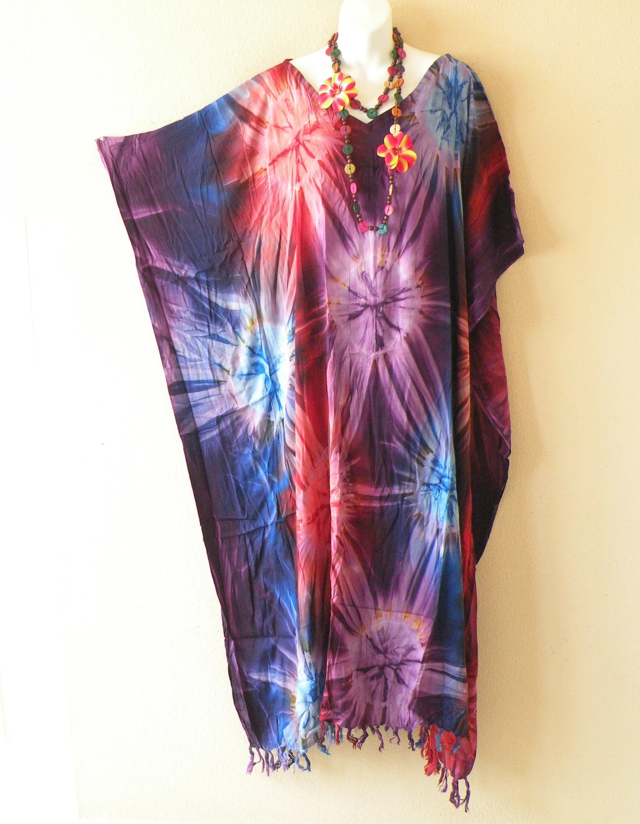 KD352 Batik Tie Dye Women Abaya Kaftan Caftan Kimono Sleeves Beachwear Dolman Maxi Long Fringes Dress - S, M, L, XL, 1X, 2X, 3X, 4X & 5X - image 3