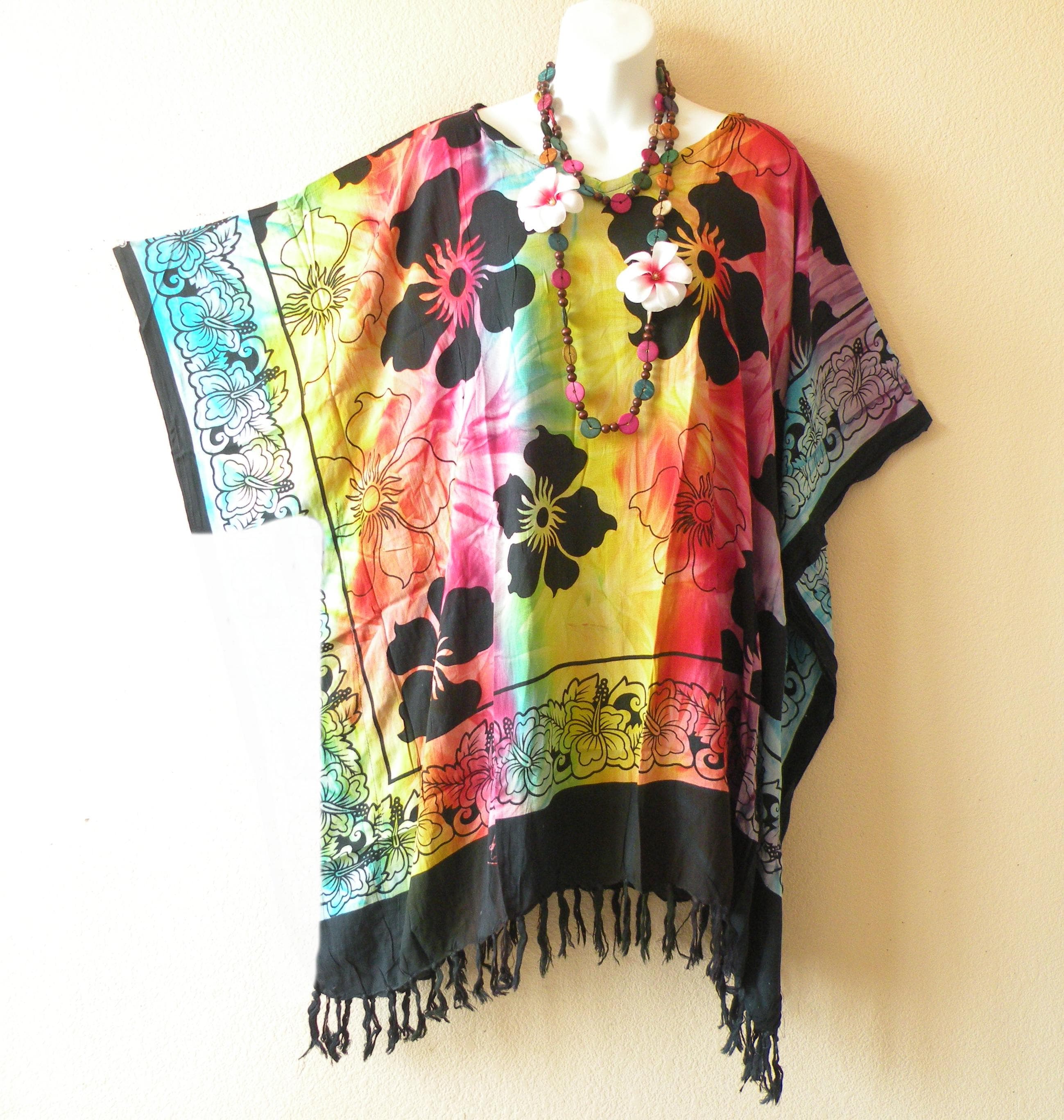 KB275 Tie Dye Hibiscus Floral Batik Plus Size Kimono Kaftan Caftan Women Batwing Tunic Poncho Blouse Top - S, M, L, XL, 1X, 2X, 3X, 4X & 5X - image 3