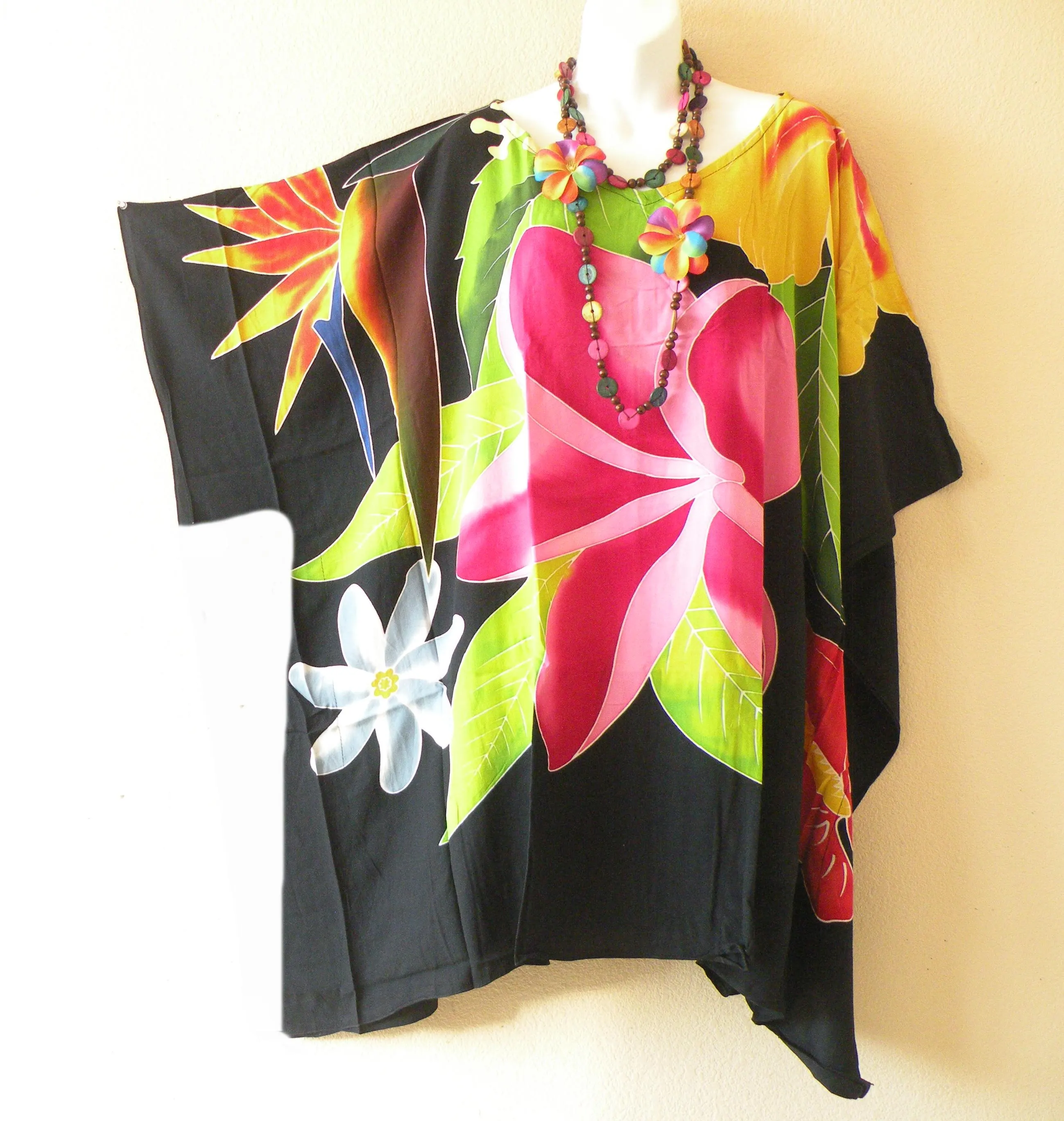 KB286 Black Tropical Flower Floral Batik Hand Painted Women Plus Size Kaftan Caftan Women Batwing Tunic Poncho Blouse Top - Fit from S to 7X - image 3