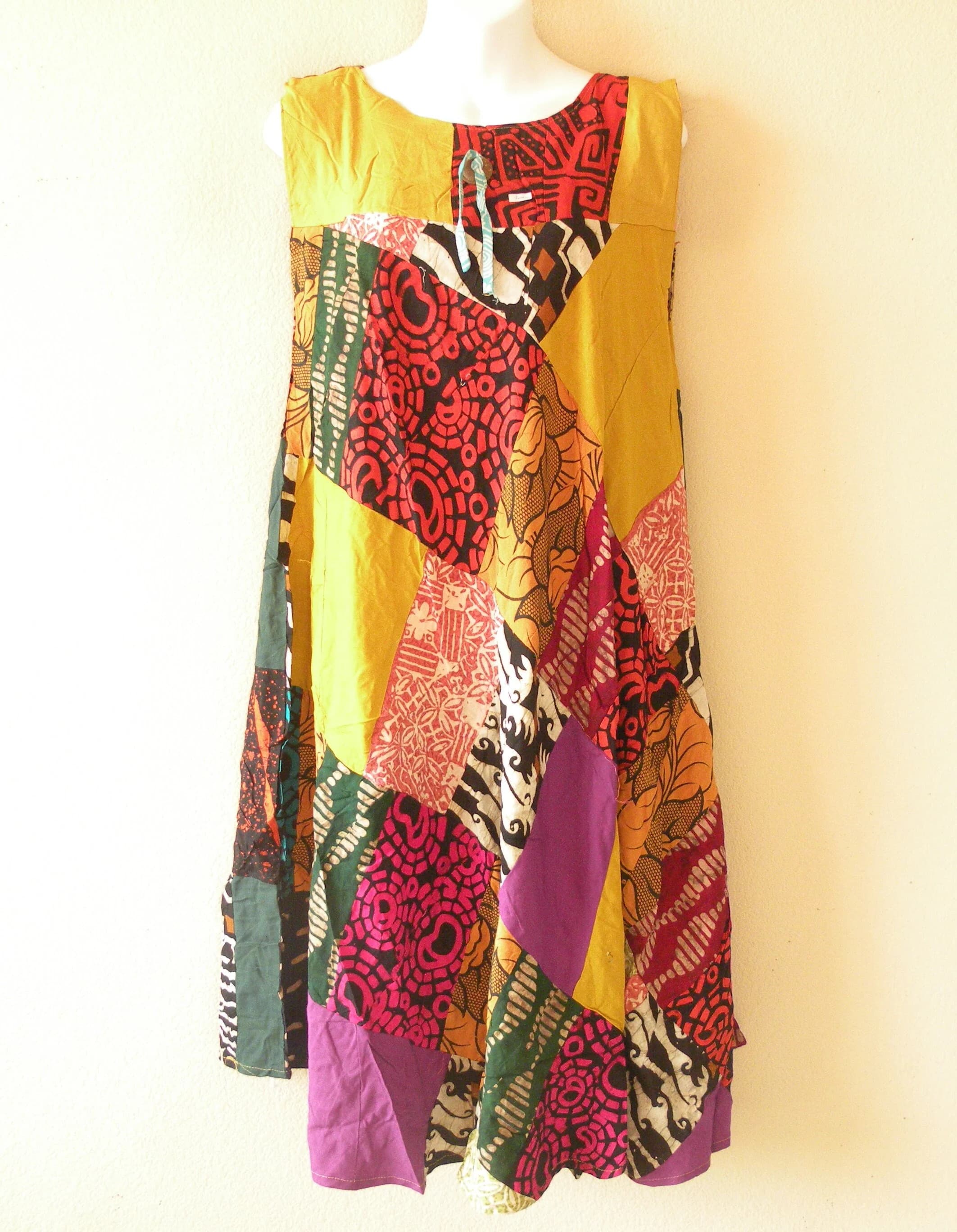 PD17 Batik Patchwork Boho Ethnic Traditional Women Beachwear Sleeveless Round Neck Boho Hippie Knee Length Asymmetrical Umbrella Midi Dress - image 3