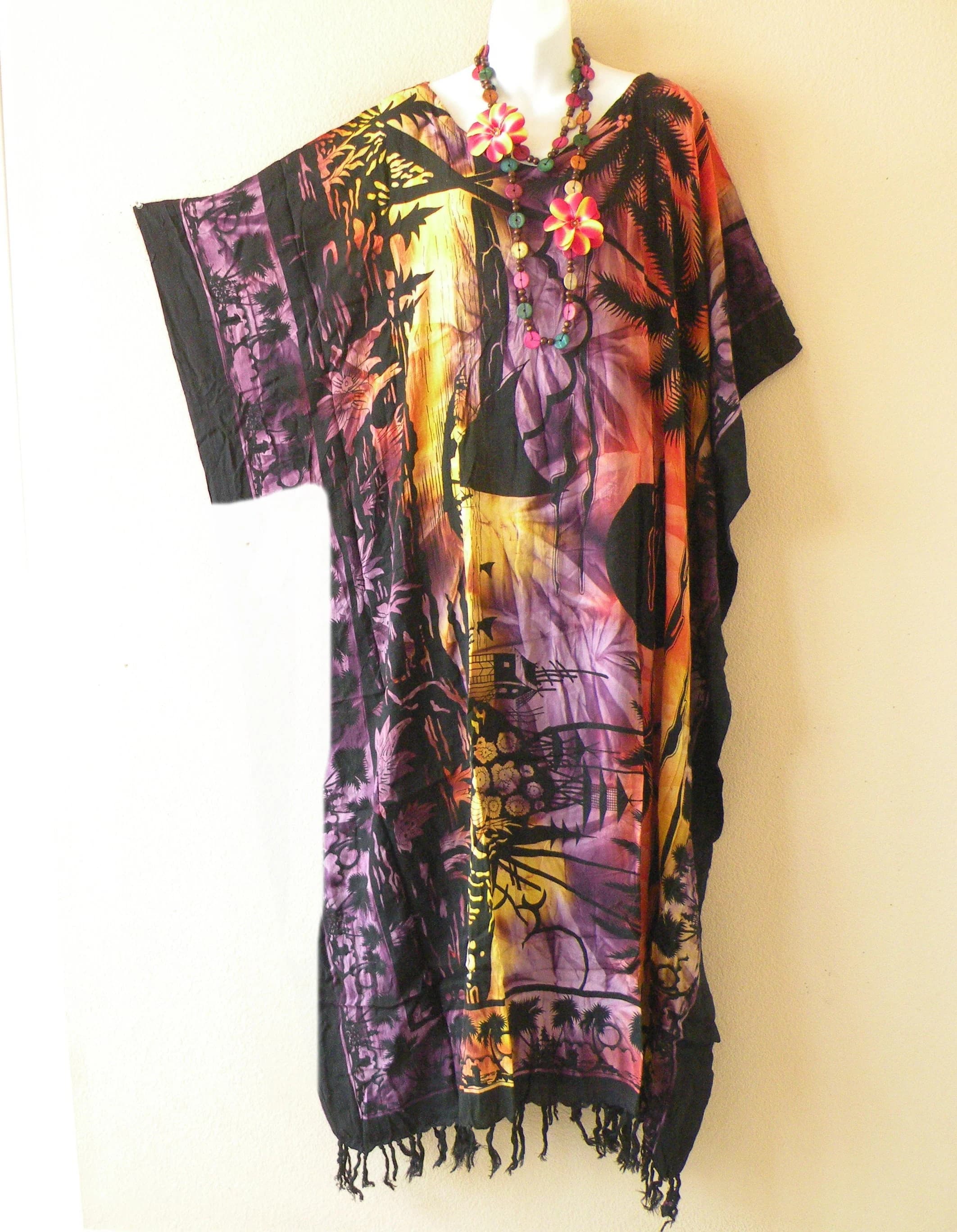 KG89 Tie Dye Scenic Batik Rayon Kaftan Caftan Kimono Sleeve Abaya Tunic Poncho Beachwear Maxi Long Fringes Dress -Fit up to 5X - image 4