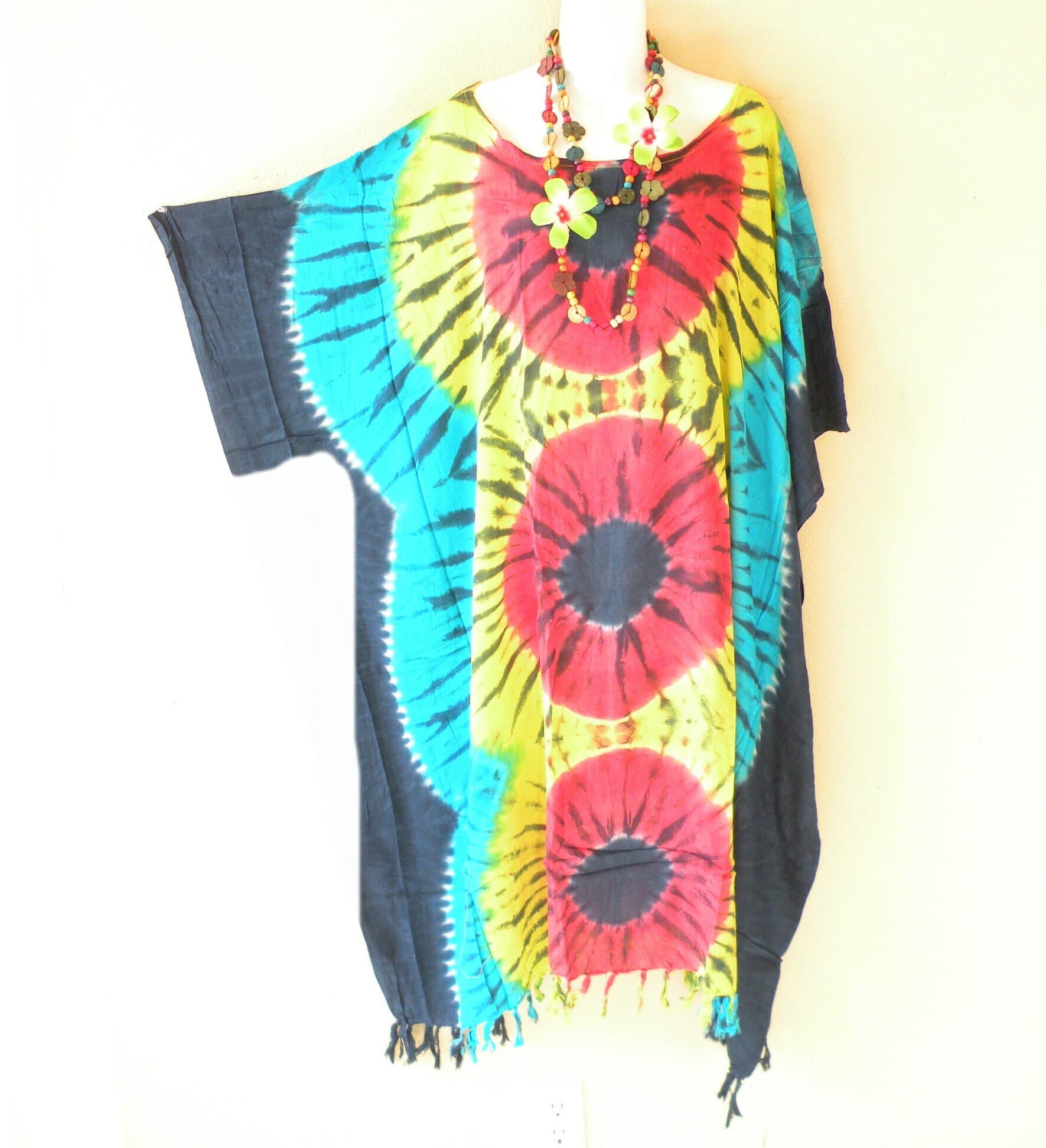 LG2 Midi 42" Length Tie Dye Hand Dye Batik Dolman Batwing Caftan Kimono Tunic Hippy Dress / Long Top - S, M, L, XL, 1X, 2X, 3X, 4X, 5X - image 4