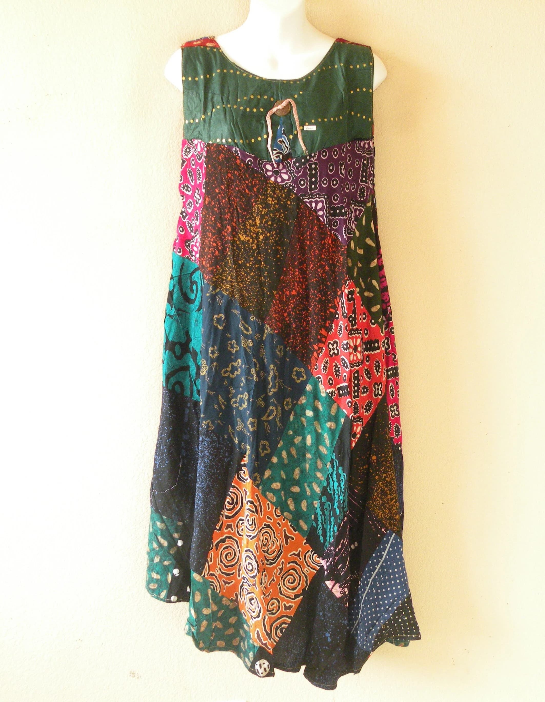 PD6 Batik Patchwork Bohemian Ethnic Traditional Women Beachwear Sleeveless Round Neck Hippie Knee Length Asymmetrical Umbrella Midi Dress - image 3